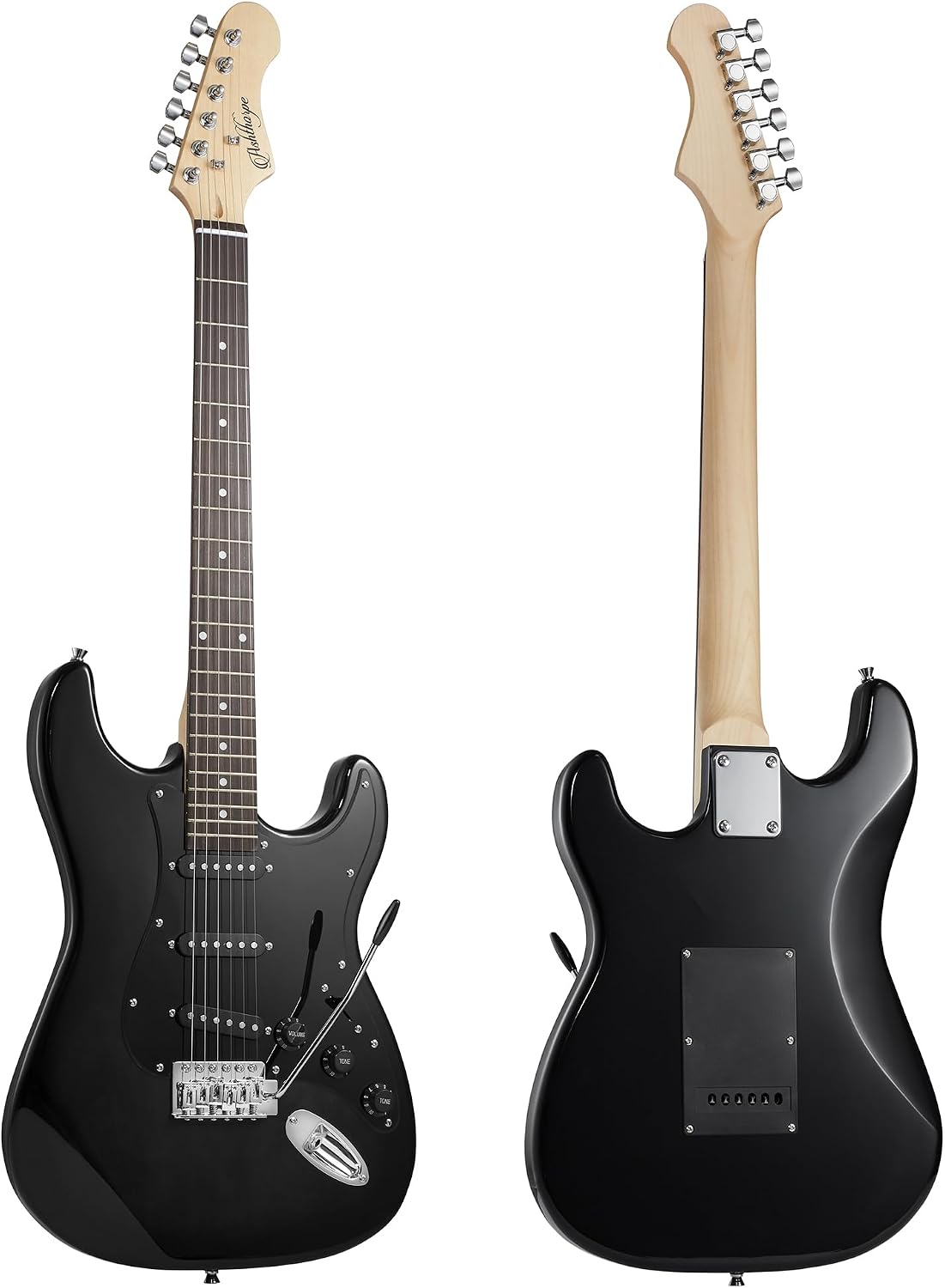 Ashthorpe 39-Inch Electric Guitar (Black-Black), Full-Size Guitar Kit with Padded Gig Bag, Tremolo Bar, Strap, Strings, Cable, Cloth, Picks