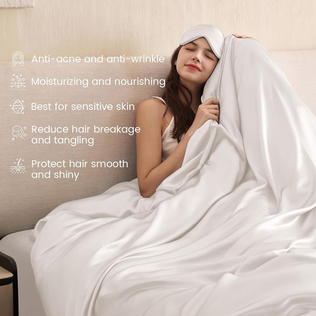 THXSILK 100% Pure Mulberry Silk Duvet Cover Set 3 Piece, 6A+ Grade Luxury Soft Bedding Silk Sheets for Hair and Skin, 1 Pcs Duvet/Quilt/Comforter Cover with 2 Zippered Pillowcases (Cream White, Twin)