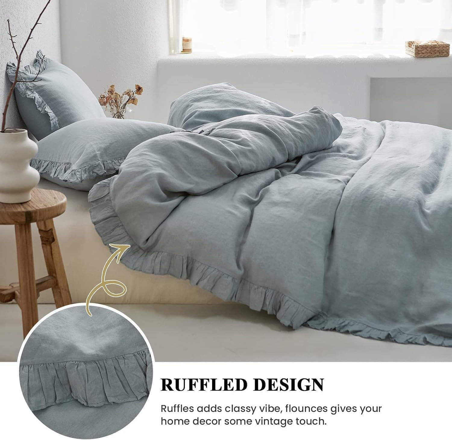Simple&Opulence 100% Linen Duvet Cover Set, 3 PCS Natural French Flax Dusty Blue Ruffle Duvet Cover Queen Size, Breathable Comfy Linen Bedding Comforter Cover with 2 Pillowcases(Dusty Blue, 88' X 92')