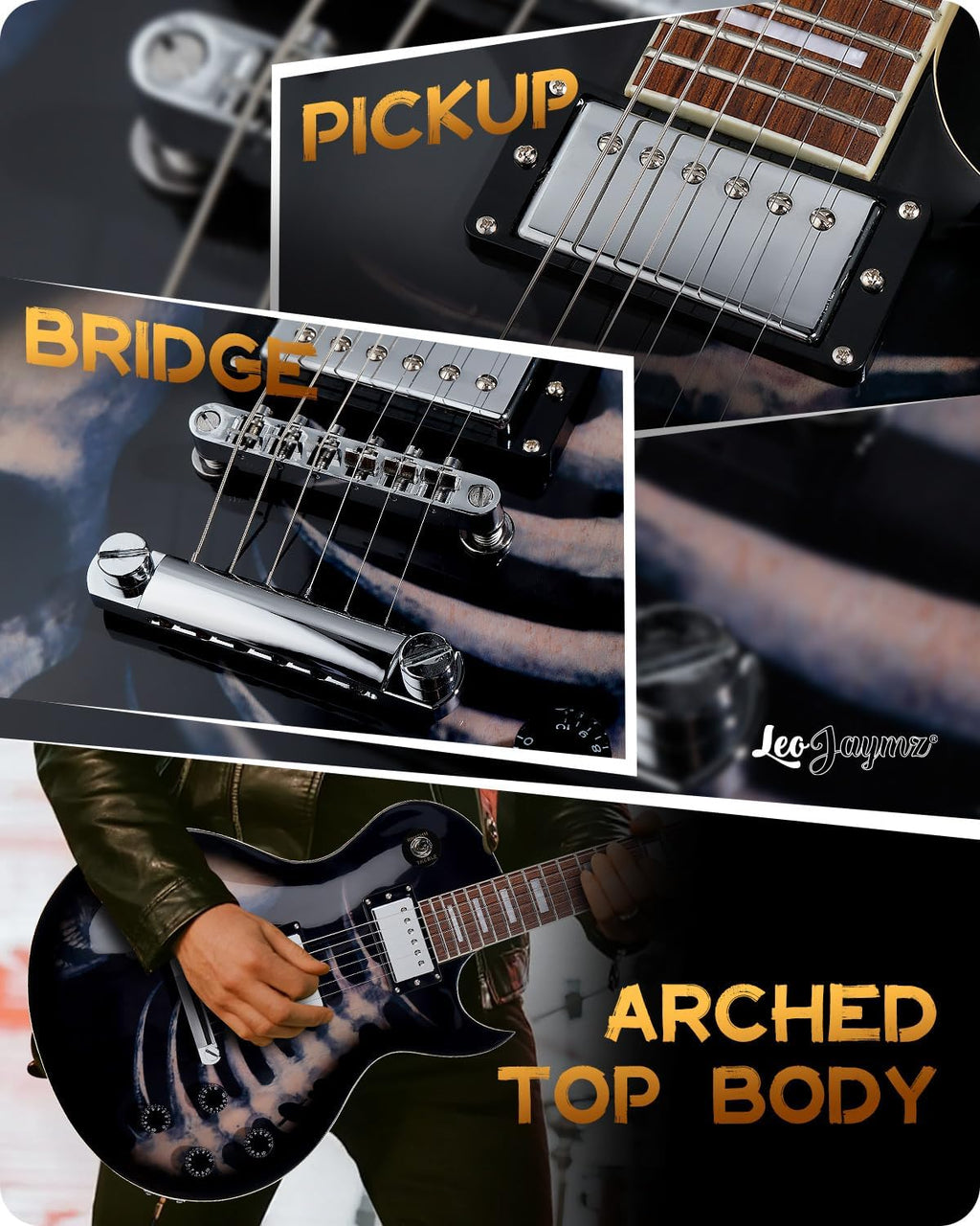 Leo Jaymz SC Series Electric Guitar – Mahogany Body, Laurel Fingerboard, Dual Humbuckers, Tune-O-Matic Bridge, C Neck, 18:1 Tuners (Skull)