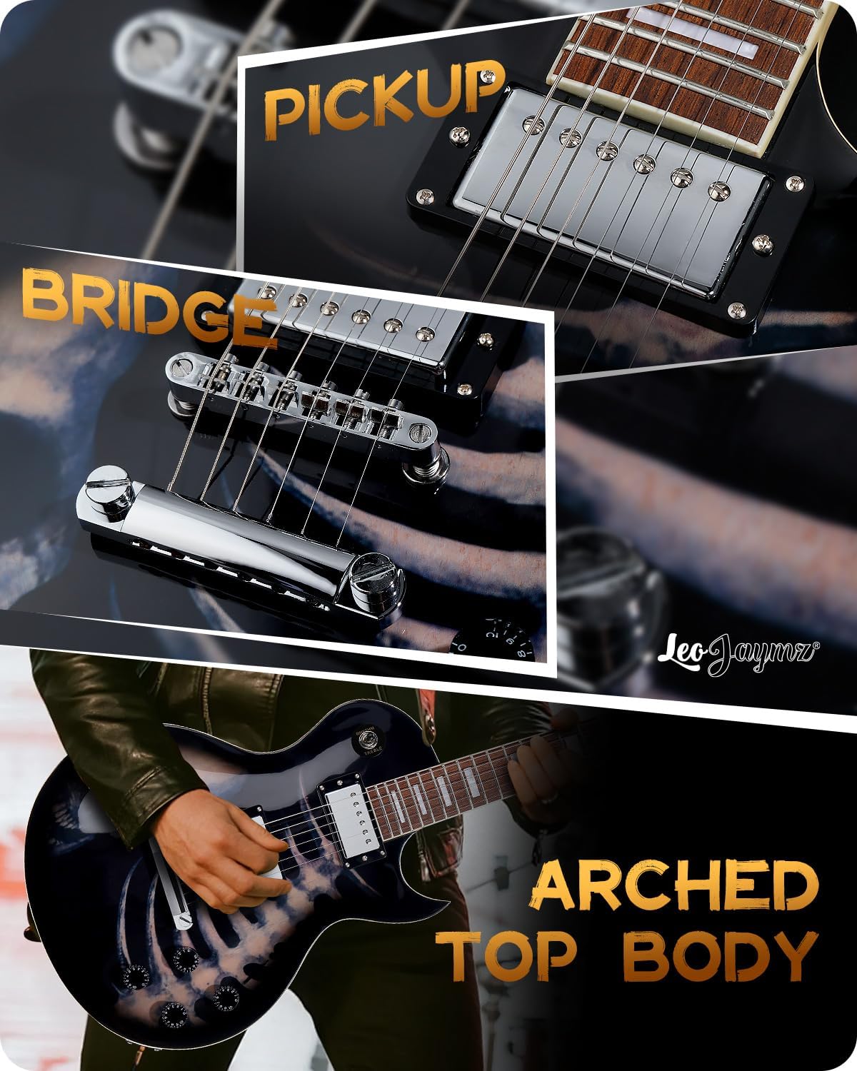 Leo Jaymz SC Series Electric Guitar – Mahogany Body, Laurel Fingerboard, Dual Humbuckers, Tune-O-Matic Bridge, C Neck, 18:1 Tuners (Skull)
