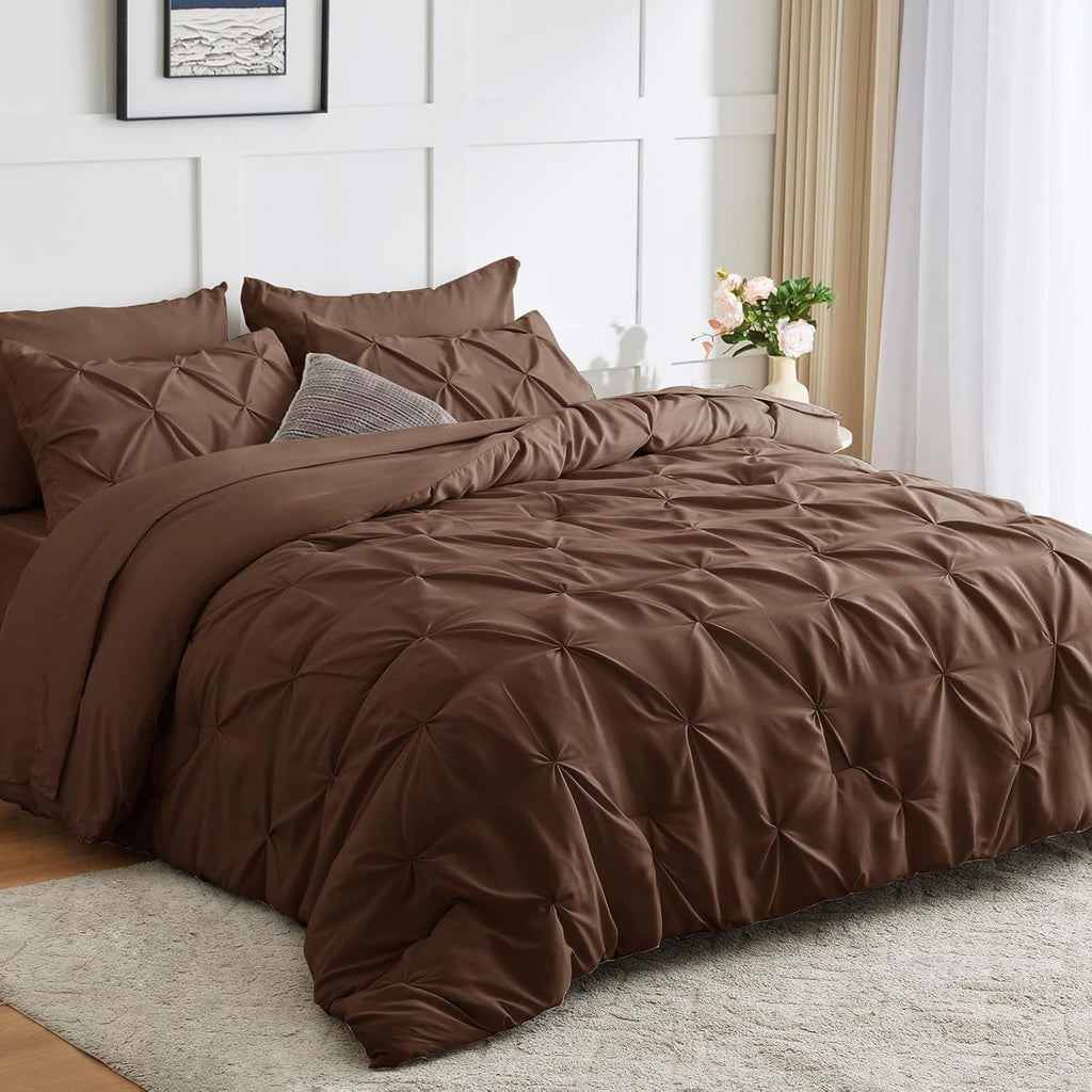 King Size Comforter Set 7 Pieces Bed in a Bag 100% Cotton Brown Comforter King Pintuck Bed Sets Pinch Pleat Bedding Sets Comforter, Flat Sheet, Fitted Sheet, Pillowcases & Shams