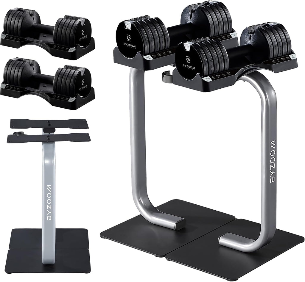 BYZOOM FITNESS 12.5LB Adjustable Dumbbell with Dumbbell Stand Bundle Set, Black