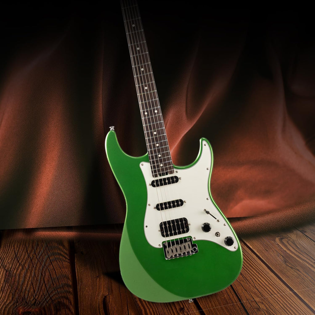 EART Electric Guitar DMX-9, 6 String Tremolo Bridge, Humbucker Pickups, Solid Body, 5-Way Switch Guitars (Gloss Pearl Green)