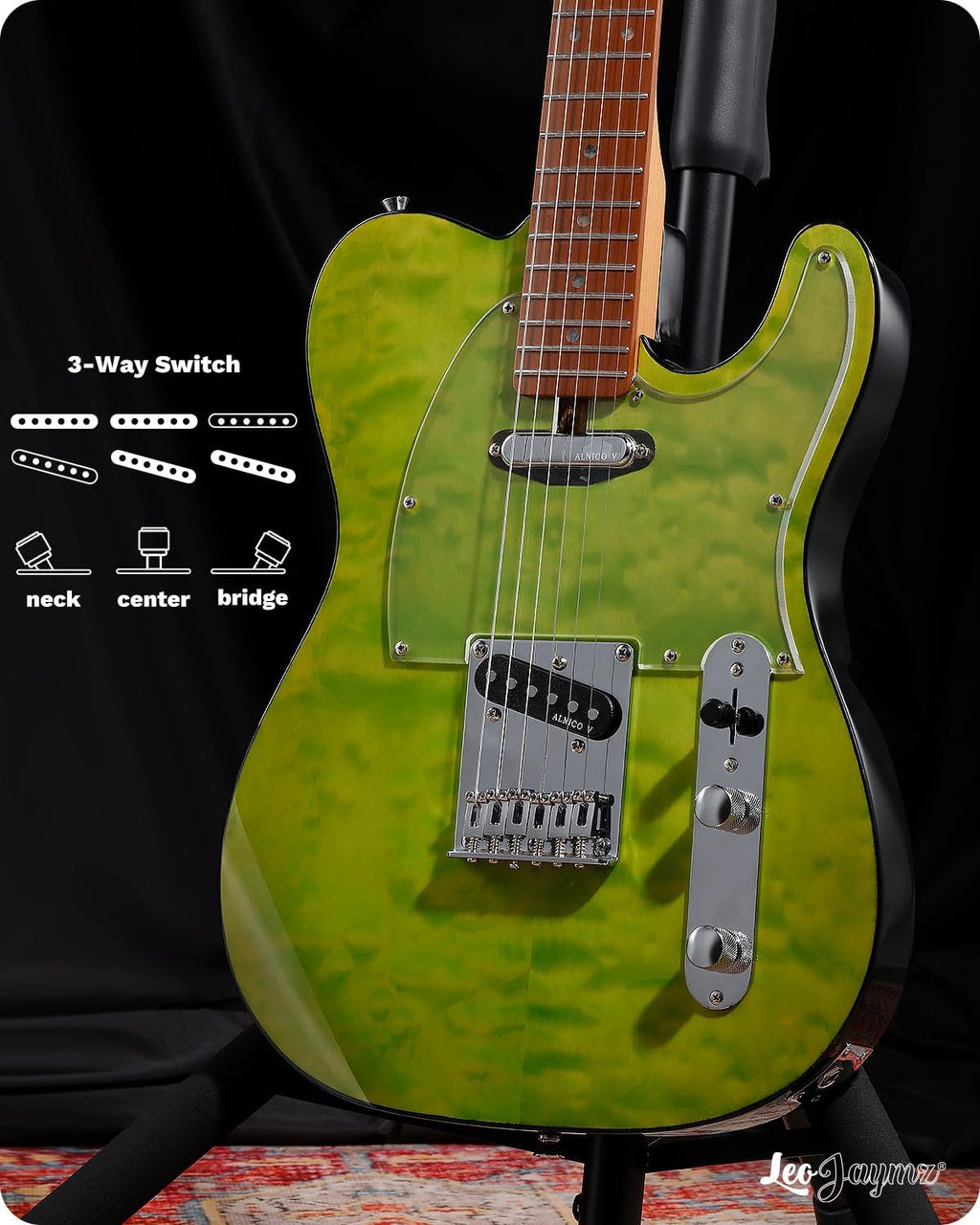 Leo Jaymz TL Electric Guitar - Ocean Maple Top, Mahogany Body, Maple Neck - Alnico V Pickups, Locking Tuners- Solid Choice for Beginners & Intermediate Players (Green Ocean)