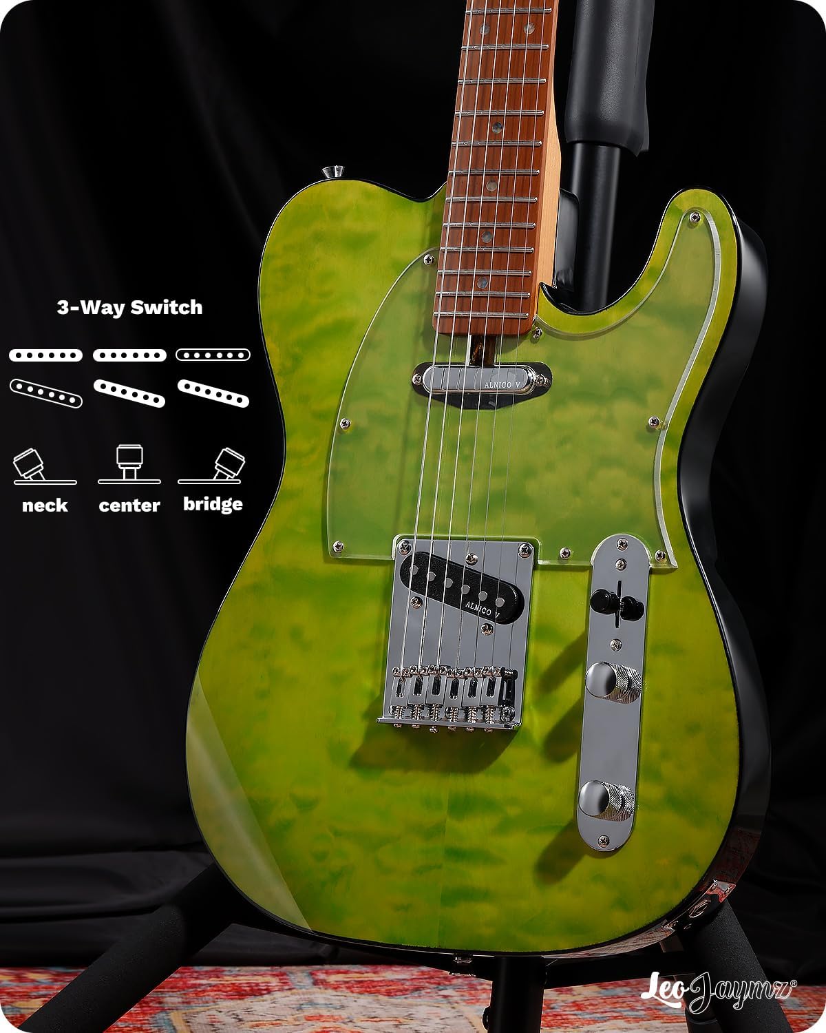Leo Jaymz TL Electric Guitar - Ocean Maple Top, Mahogany Body, Maple Neck - Alnico V Pickups, Locking Tuners- Solid Choice for Beginners & Intermediate Players (Green Ocean)