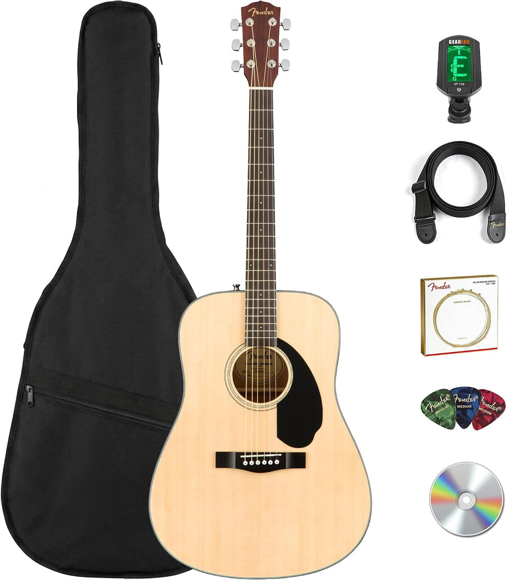 Fender CD-60S Solid Top Dreadnought Acoustic Guitar - Natural Bundle with Gig Bag, Tuner, Strap, Strings, Picks, and Austin Bazaar Instructional DVD