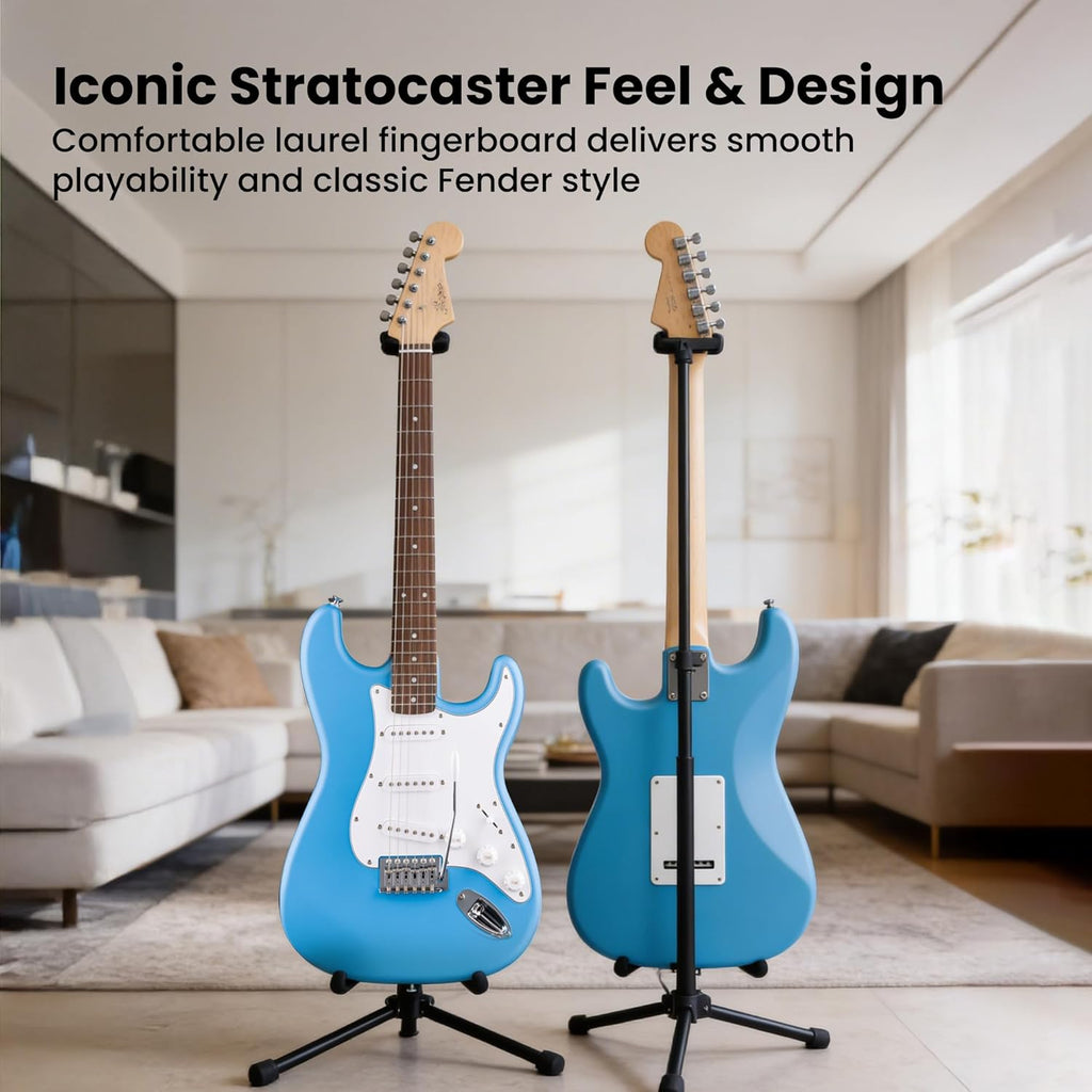 Fender Squier Stratocaster - California Blue Bundle with Amplifier, Gig Bag, Strap, Instrument Cable, Picks, and Austin Bazaar Instructional DVD