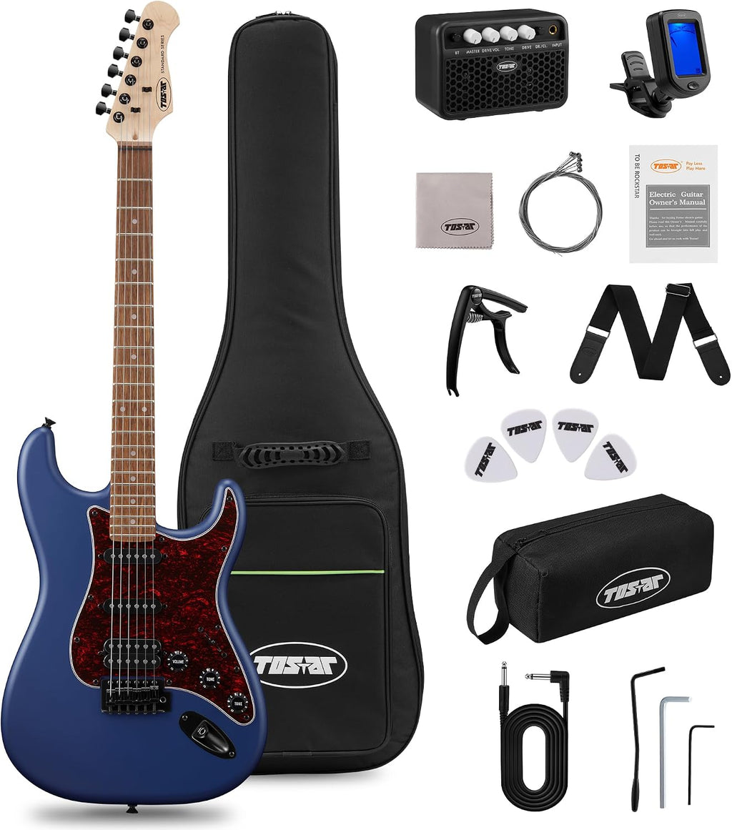 Tostar Electric Guitar Kit with Amp SSS Pickup Beginner Electric Guitar with Gig Bag,Capo,Tremolo, Strap, Picks Stratocaster 39' Full Size Electric Guitars Heavy Metal 6 String for Gifts Satin Blue
