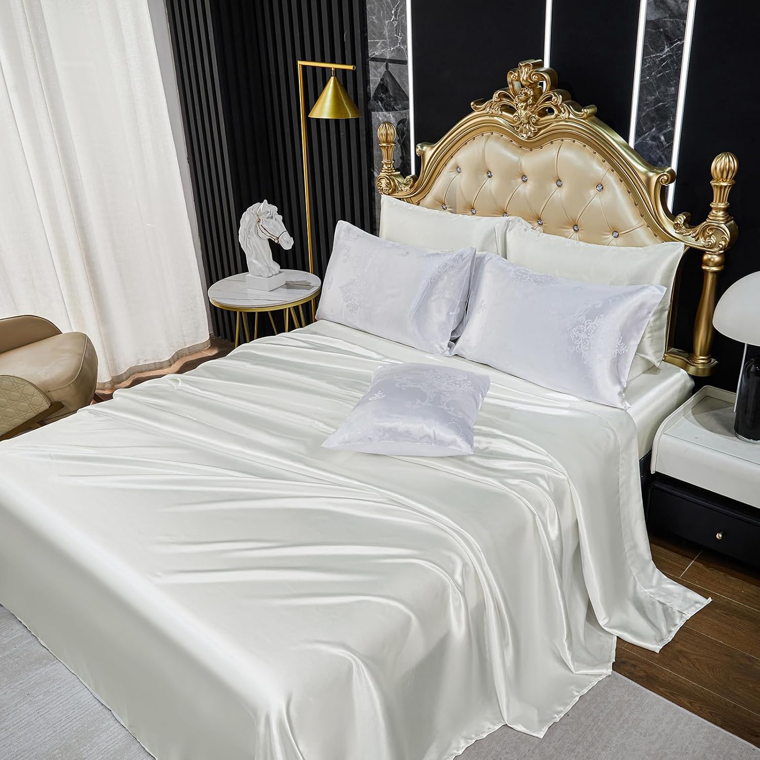 Jacquard Comforter Set White Sheet Set Satin Bedding Set King 8 Pcs Vintage Neoclassical Floral Bed Home Decor Soft Comforter Luxury Hotel Silky Bed in a Bag with 1 Cushion Cover
