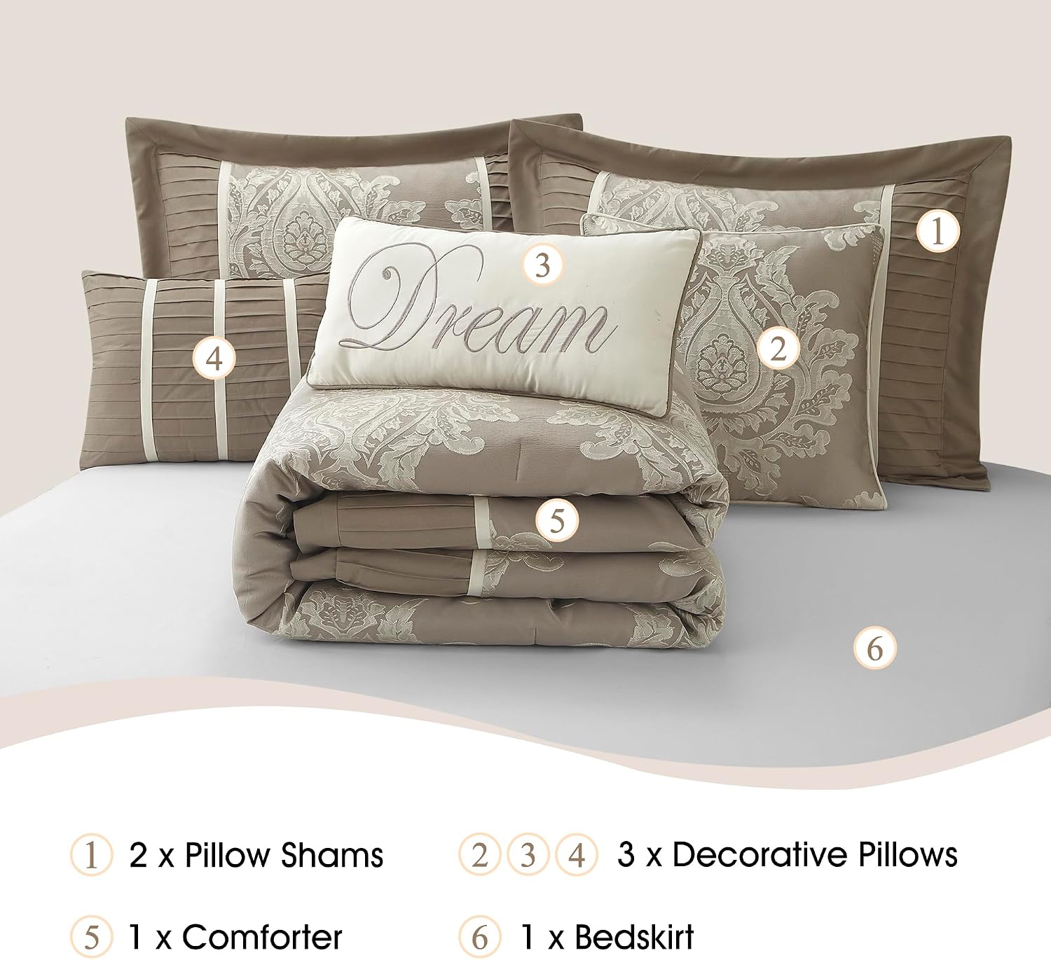 Stratford Park Beige Comforter Set, Bed Size California King,7 Pieces Jacquard Bedding Set, All Season, Matching Bedskirt, Pillows & Shams