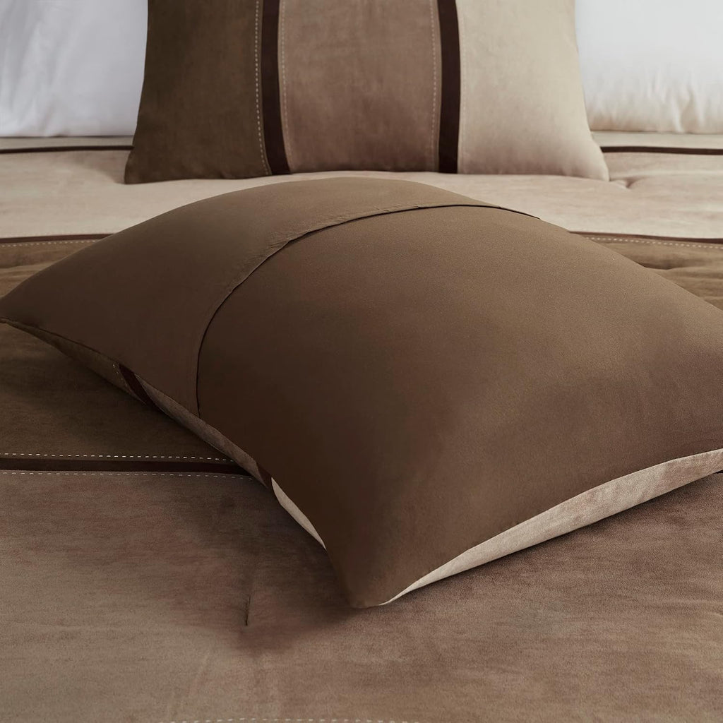 Madison Park Palisades Comforter Set Modern Faux Suede Pieced Stripe Design, All Season Down Alternative Cozy Bedding with Matching Shams, Decorative Pillows, Cal King(104'x92'), Brown 7 Piece