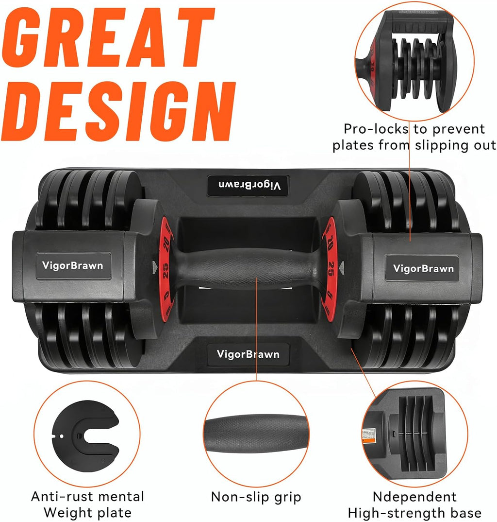 Adjustable Dumbbell Set, 2-in-1 Weights with Anti-Slip Handle, Fast Weight Adjustment for Home Gym, Strength Training, Single/Pair with Tray