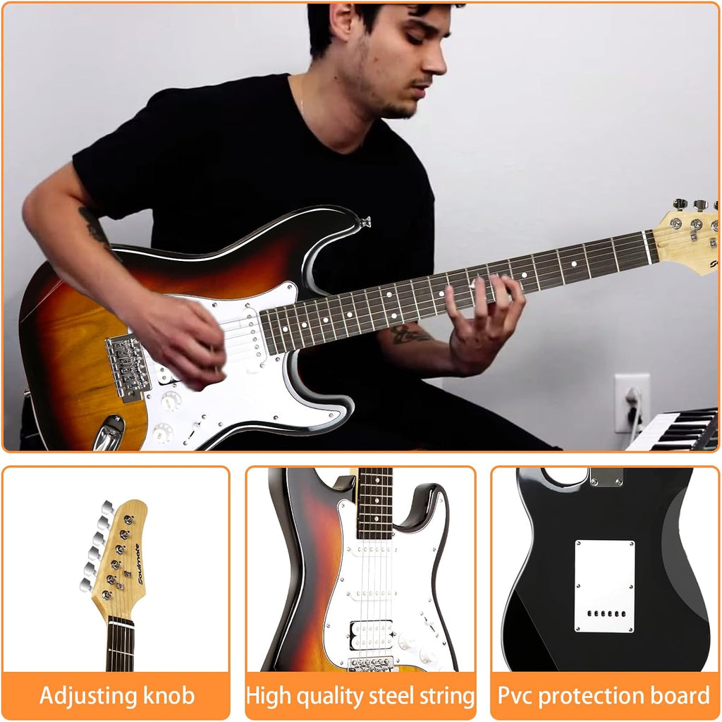Soulmate Electric Guitar Kit for Beginner 39' HSS Pick Up Solid Body Full Size Electric Guitar for Starter with Amplifier, Bag, Capo, Strap, String,Cable, Picks(Sunburst)