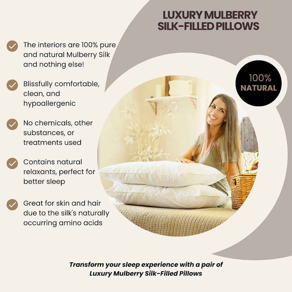 Silk Bedding Direct. Pair of Luxury Mulberry Silk-Filled Pillows. Standard Size, 26' x 20'. A Hypoallergenic Haven, Resting Your Dreams on Pure and Natural Mulberry Silk.
