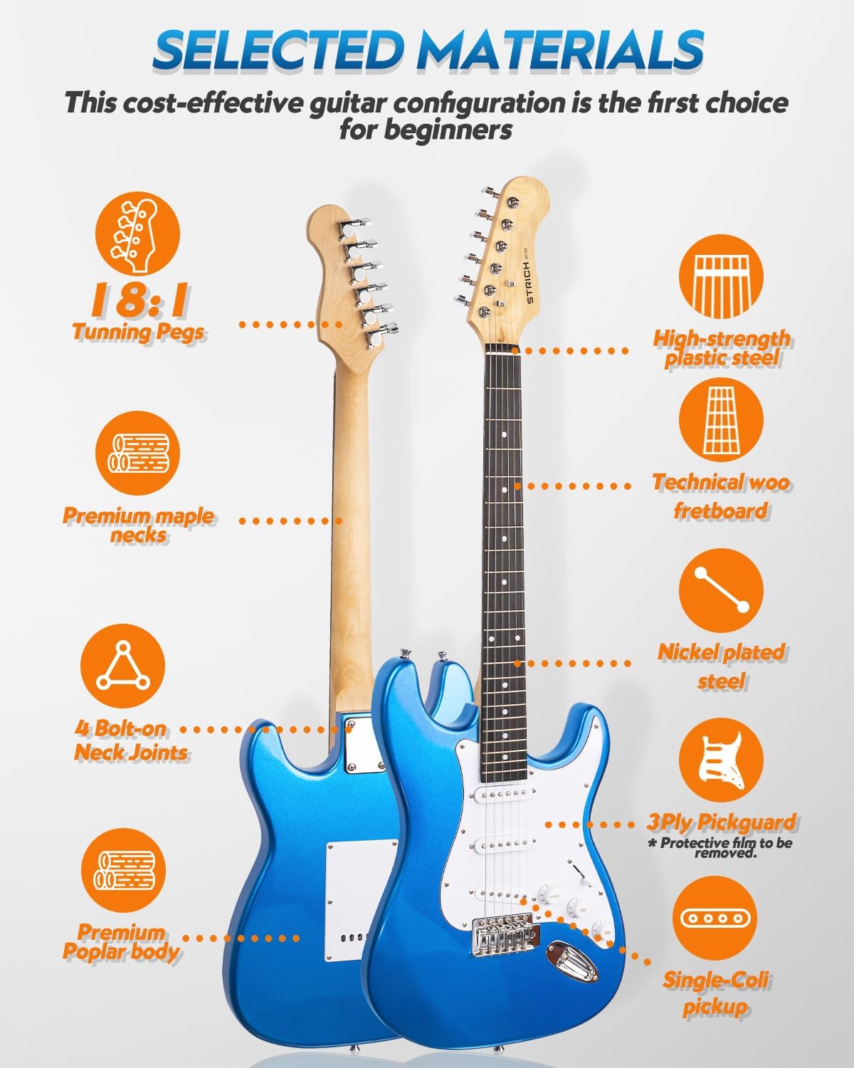 STRICH Electric Guitar Beginner Kit, Solid Body 39' Full Size Electric Guitar SSS Pick Up for Starter, with 5W x 2 Amp, Bag, Digital Tuner, Capo, Strap, String,Cable, Picks, SST-S10 Sapphire Blue