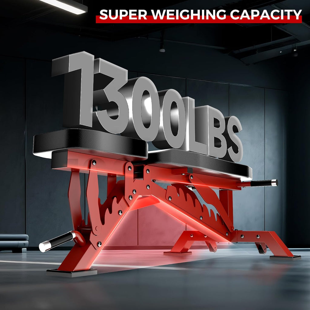 Weight Bench, Adjustable Workout Bench for Home Gym Full Body Workout, 1300LBS Weight Capacity Bench Press, Flat/Incline Bench with 33' Extra-Long Backrest & Wheels