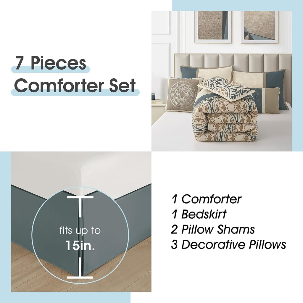 LANCO MODERN LIFESTYLE California King Comforter Set, Green Taupe, 7 Pieces Soft Microfiber Print Fabric Bedding Set, Luxury Home Decor, Bed in a Bag, Comforter, Bedskirt, Shams and Decor Pillows