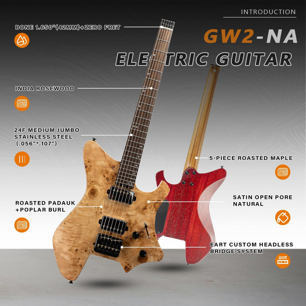 EART GW2 25.5' Headless Electric Guitar - Roasted Padauk Soild Body/5pc Maple Neck - Alnico-V Pickups, Stainless Frets