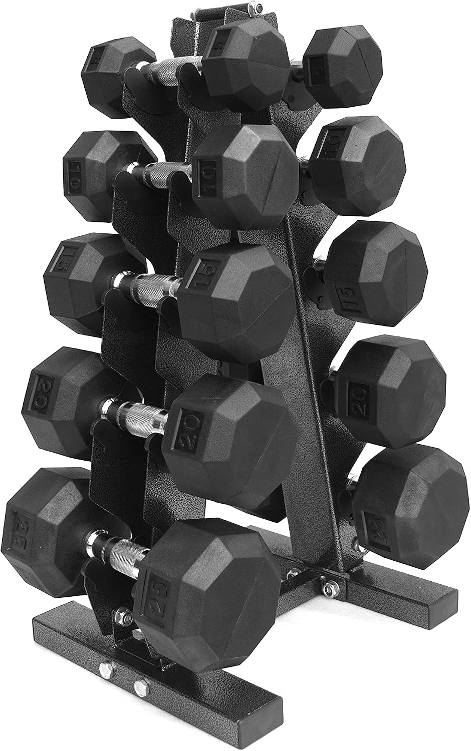 XPRT Fitness 150 lb Rubber Coated Dumbbell Set With Storage Rack (5/10/15/25/25lb Pair of Each)