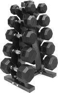 XPRT Fitness 150 lb Rubber Coated Dumbbell Set With Storage Rack (5/10/15/25/25lb Pair of Each)