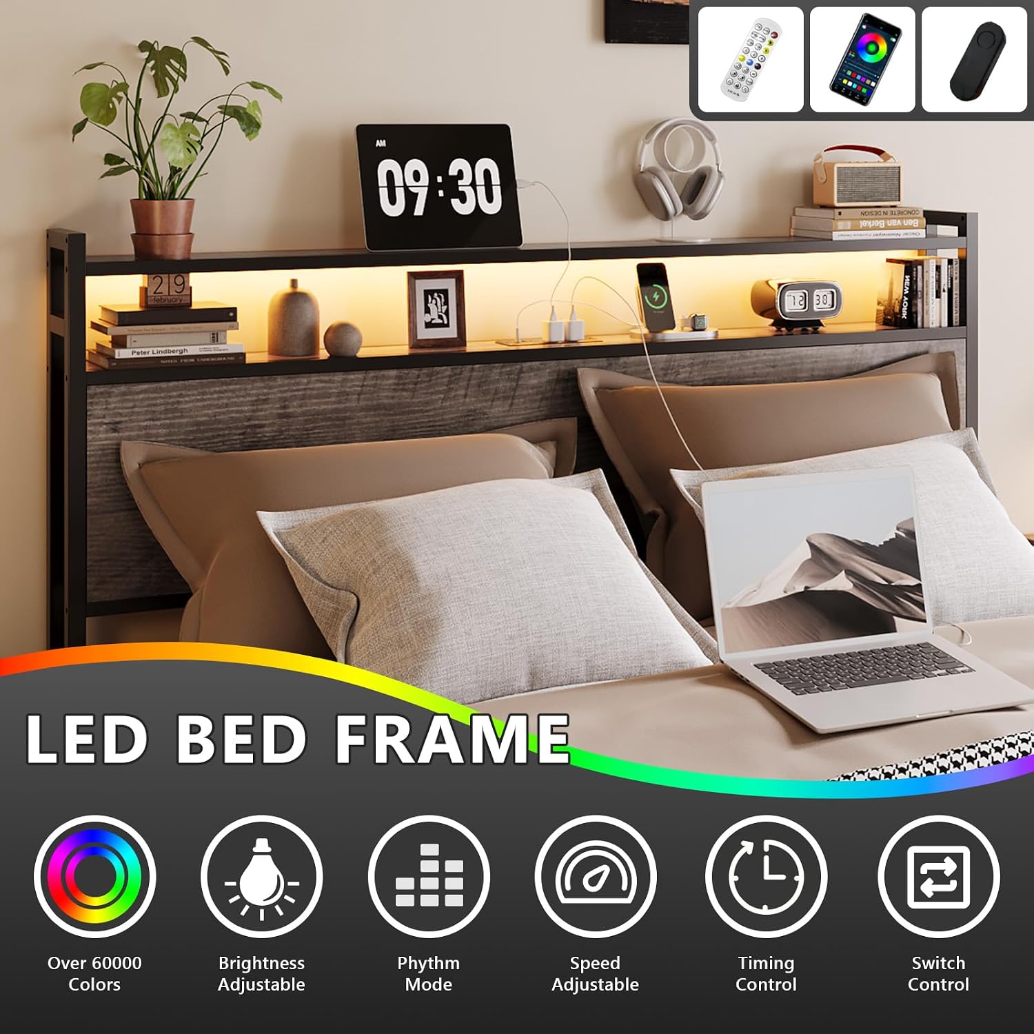 VINGLI Full Bed Frame with 4 Storage Drawers and Adjustable Headboard, Metal Double Platform Bed with Charging Station and LED Lights, No Box Spring Needed, Noise Free, Easy Assembly, Wash Grey