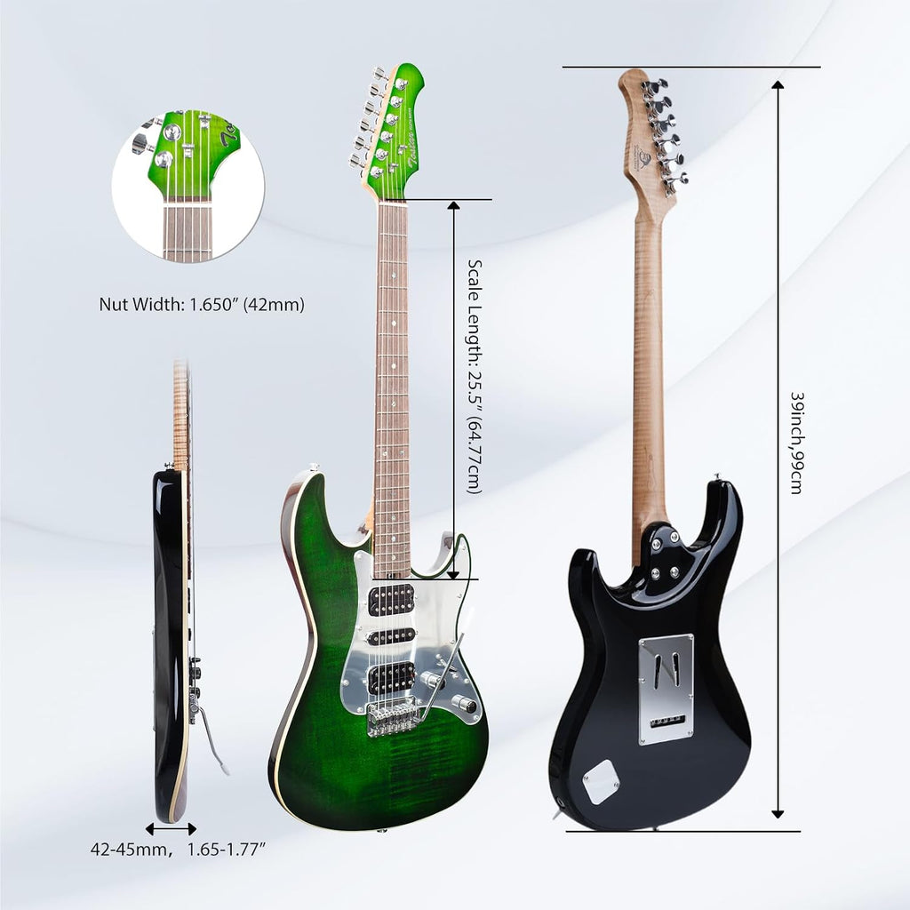 TOSTAR Electric Guitar with HSH Alnico 5 Pickups, Locking Tuners, Push-Pull Coil Split, Enhanced Sustain, Solid Body Electric Guitars for Advanced Players, Guitarra Electrica, Green