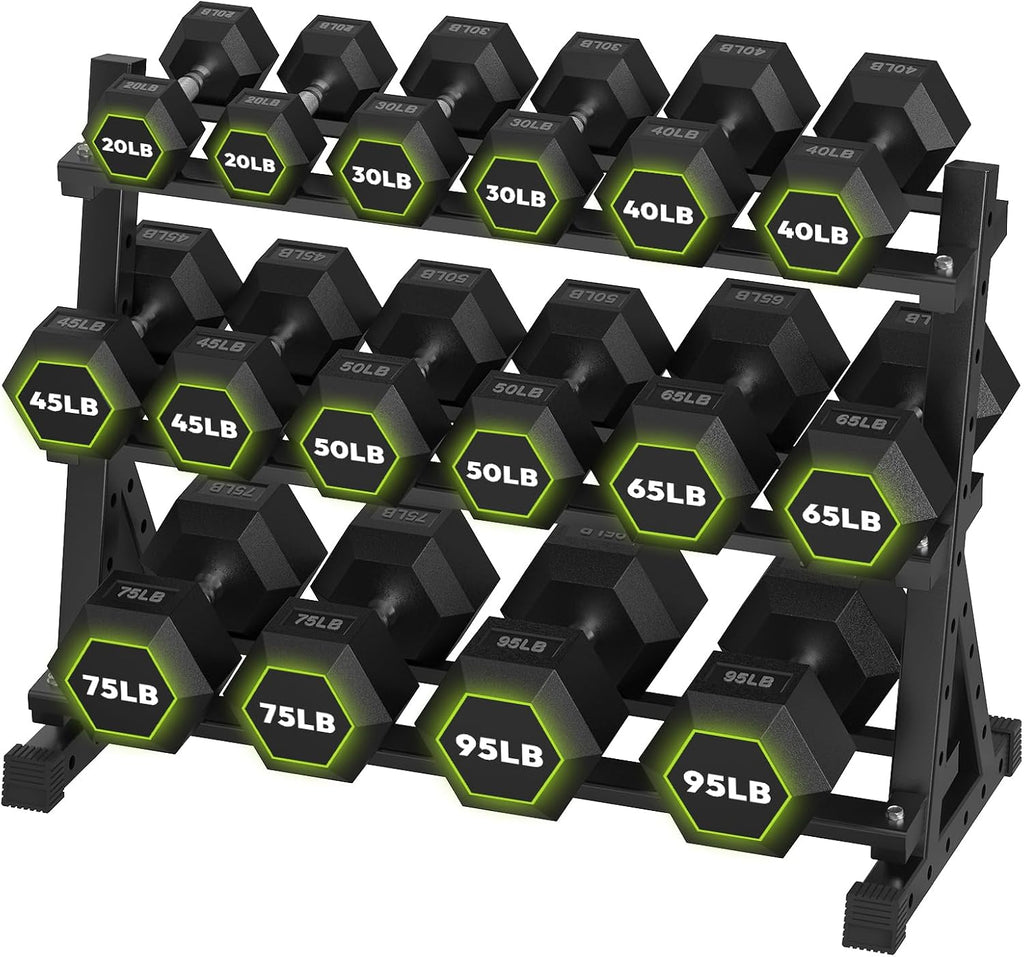 HANDBODE Hex Dumbbell Set with Rack, 300-840 lb Rubber Coated Fixed Weights Sets with Heavy Duty Storage Stand, Hexagon Shape, Multiple Weight Options Home Gym Equipment for Strength Training