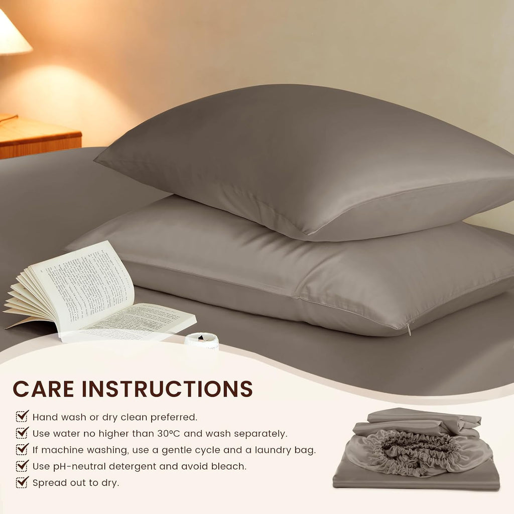 THXSILK Luxury Mulberry Silk Fitted Sheet Set 3 Pcs, King Silk Bed Sheet Set with 16' Deep Pockets, Soft & Cooling Sheets, 1 Fitted Sheet, 2 Pillowcases with Zipper Closure - Charcoal