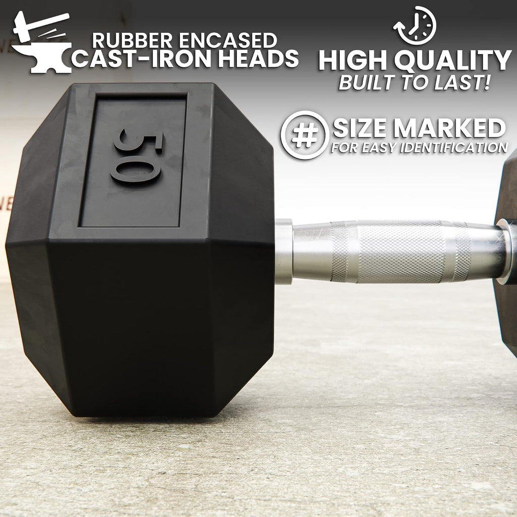 Synergee Rubber Encased Hex Dumbbells with Chrome Handle. All Purpose Weights for Strength & Conditioning Training. Available Size From 2.5 lbs to 50 lbs.