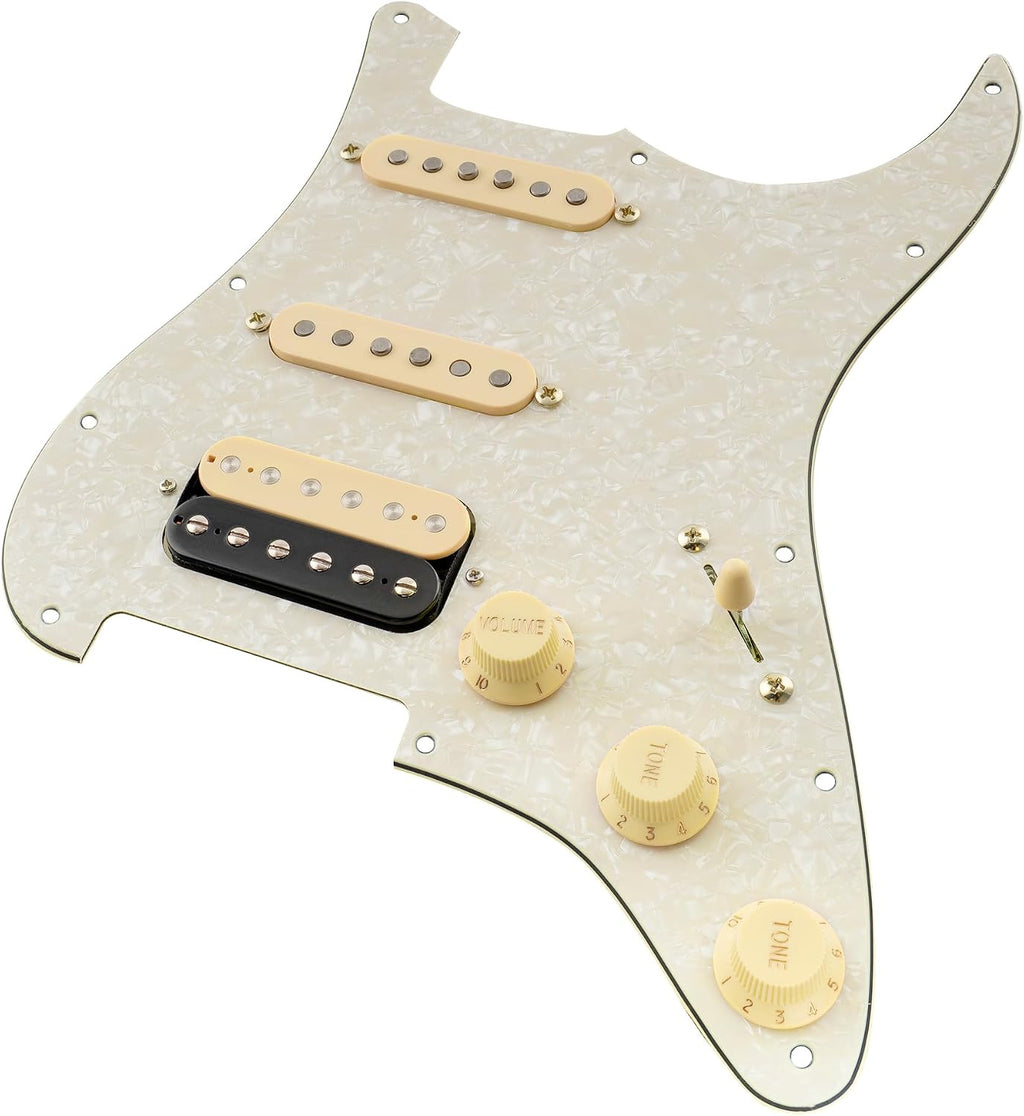 Musiclily Pro Auto-Split HSS Loaded Pickguard ST Prewired Pickguard with Artec Alnico 5 Single Coil Humbucker Pickups for American/Mexico Import Squier Strat Electric Guitar, 4ply Aged White Pearl