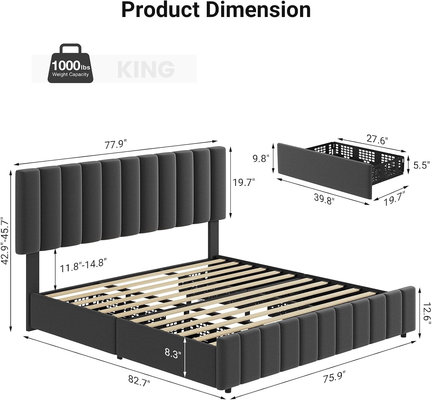 Garvee King Size Bed Frame with 4 Storage Drawers, Adjustable Height Headboard, Linen Upholstered Platform Bed Frame, No Box Spring Needed, Easy Assembly, Grey
