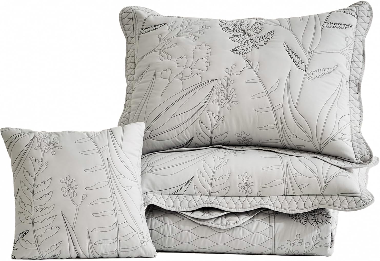 DaisyHuang Botanical Oversized Bedspread King Size - Leaves Pattern Stitching Quilt Set - Elegant & Fresh Style Bedding Coverlets, Reversible, Lightweight, 5 Piece, Grey