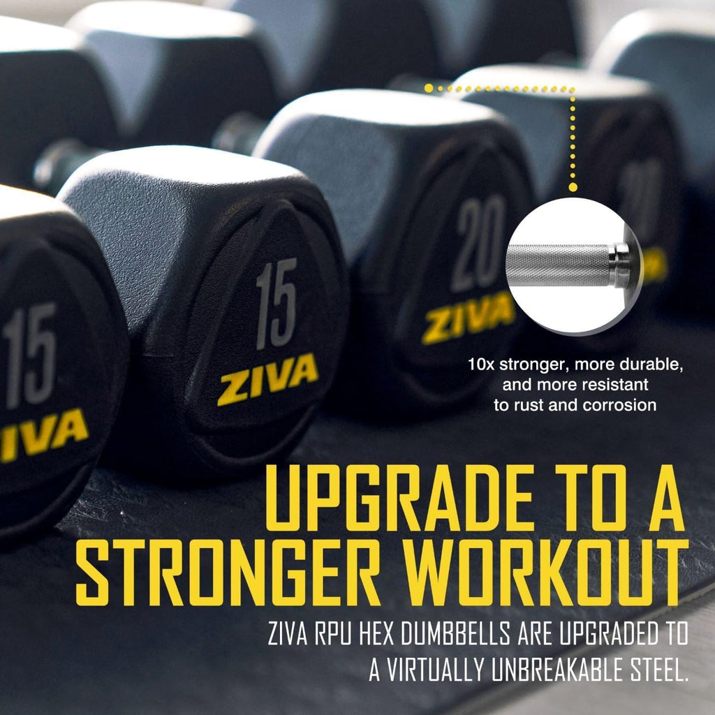ZIVA Premium Hex Dumbbells – Commercial Grade Rubber Urethane Coated Free Weights for Strength Training, Weightlifting, Home Gym – Durable Steel Core – Sold in Pairs and Sets