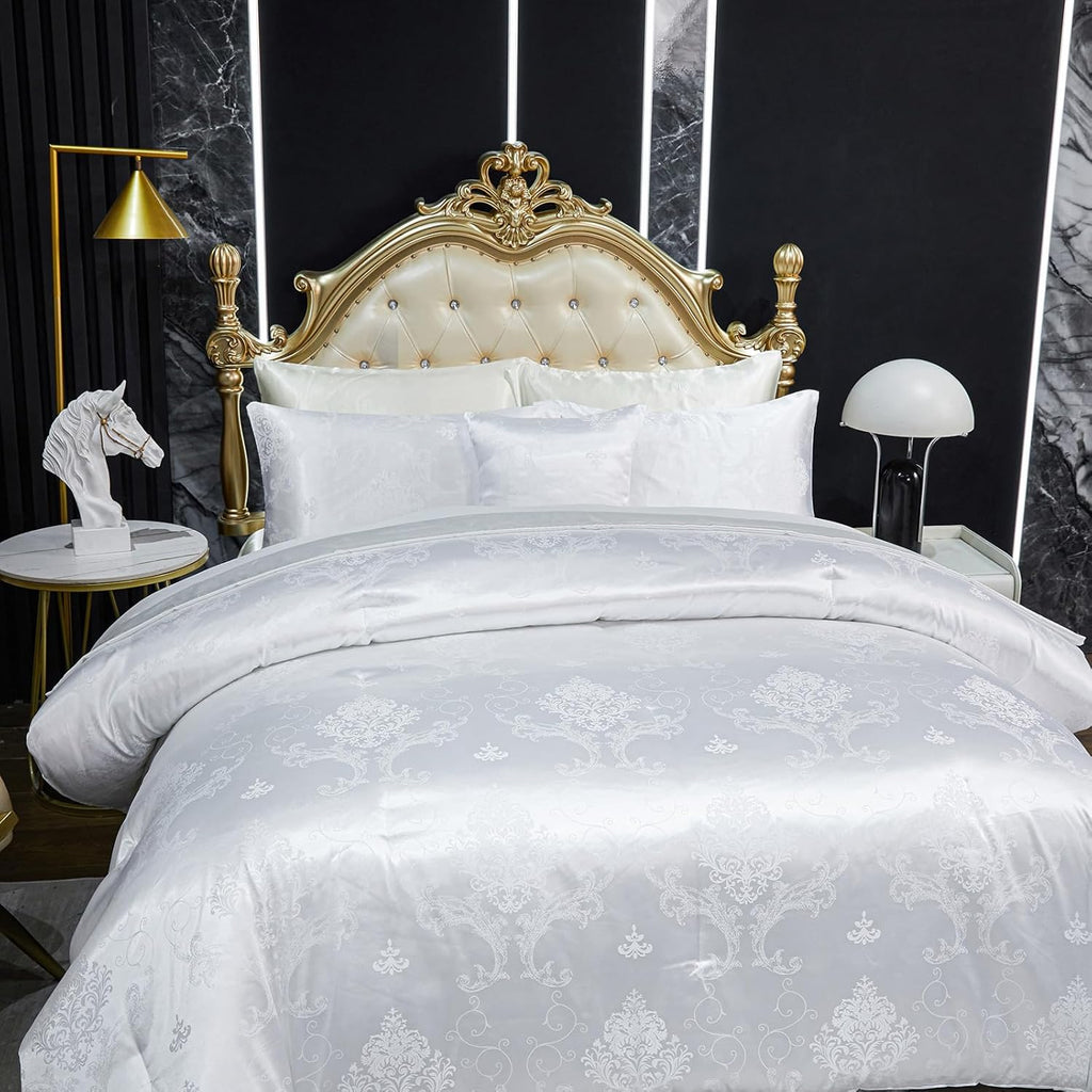 Jacquard Comforter Set White Sheet Set Satin Bedding Set King 8 Pcs Vintage Neoclassical Floral Bed Home Decor Soft Comforter Luxury Hotel Silky Bed in a Bag with 1 Cushion Cover