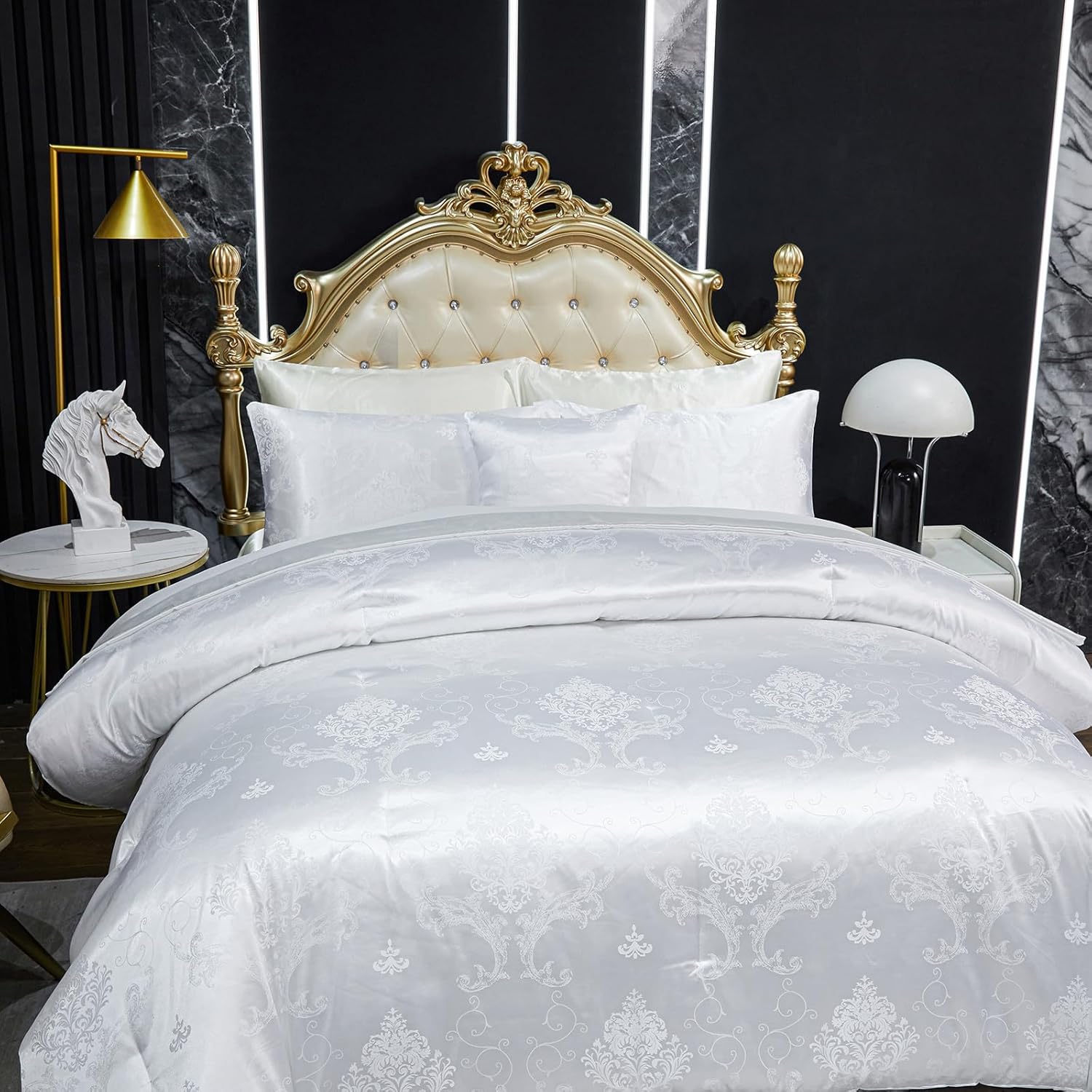 Jacquard Comforter Set White Sheet Set Satin Bedding Set King 8 Pcs Vintage Neoclassical Floral Bed Home Decor Soft Comforter Luxury Hotel Silky Bed in a Bag with 1 Cushion Cover