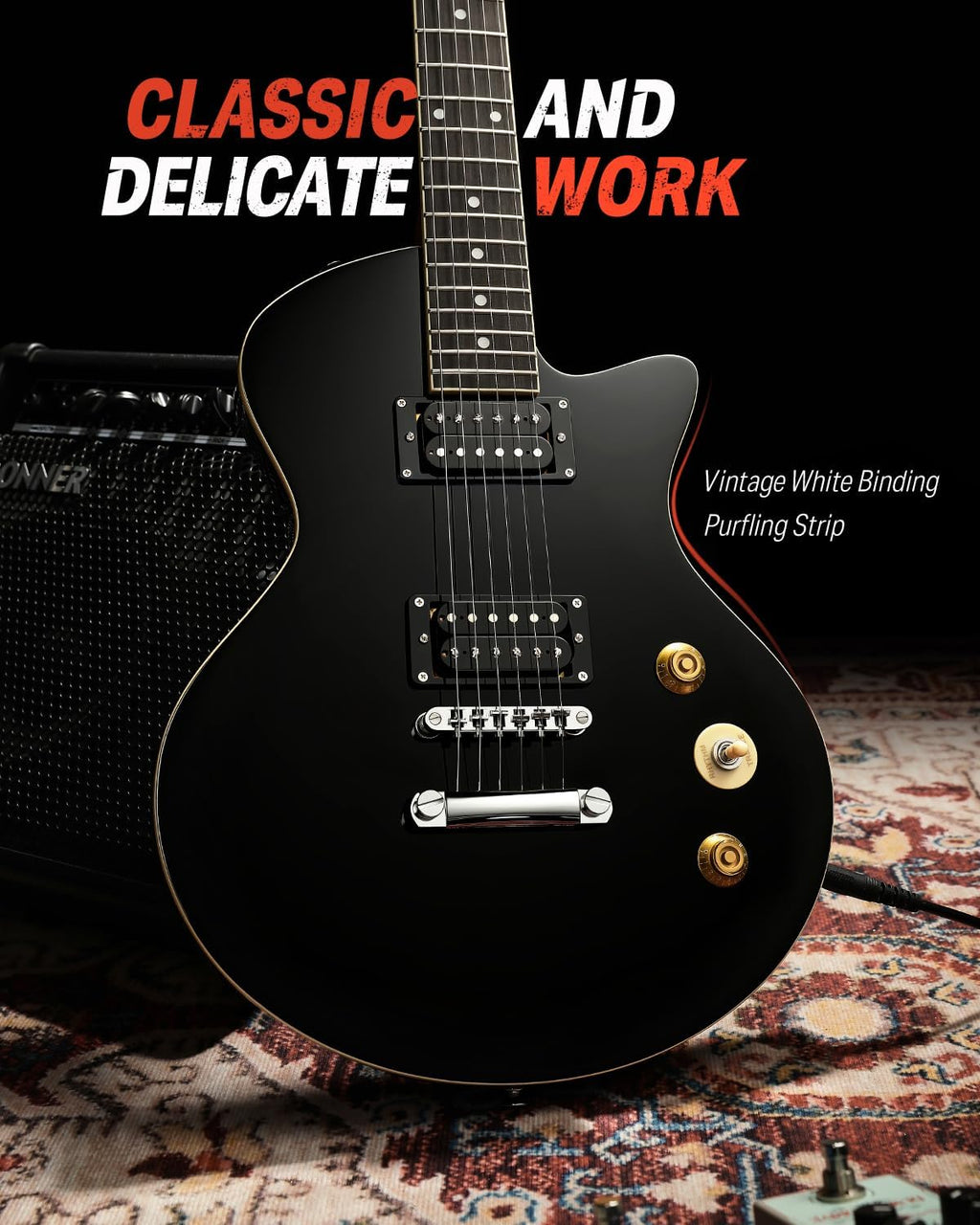 Donner Electric Guitar Beginner Kit 39' – Full Size Solid Alder Body H-H Pickups, 25.5' Extended Scale C-Shape Neck with Gig Bag, Ideal for Rock Blues Practice (DSC-128/Black)