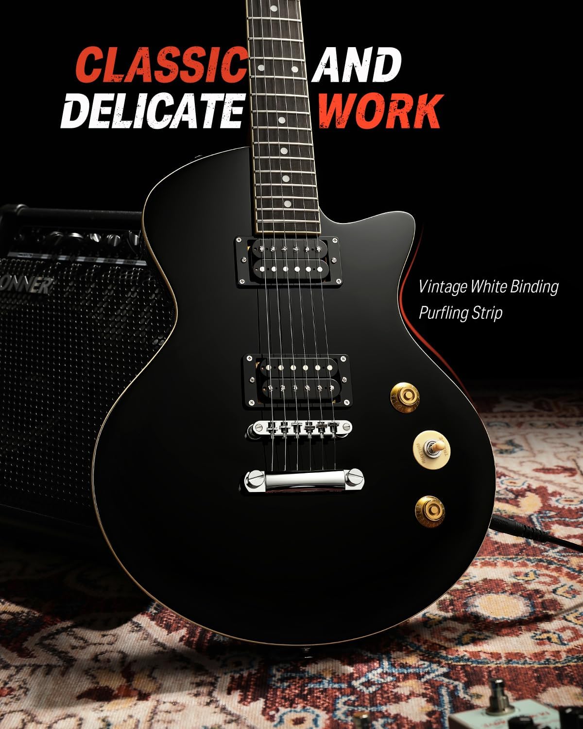 Donner Electric Guitar Beginner Kit 39' – Full Size Solid Alder Body H-H Pickups, 25.5' Extended Scale C-Shape Neck with Gig Bag, Ideal for Rock Blues Practice (DSC-128/Black)