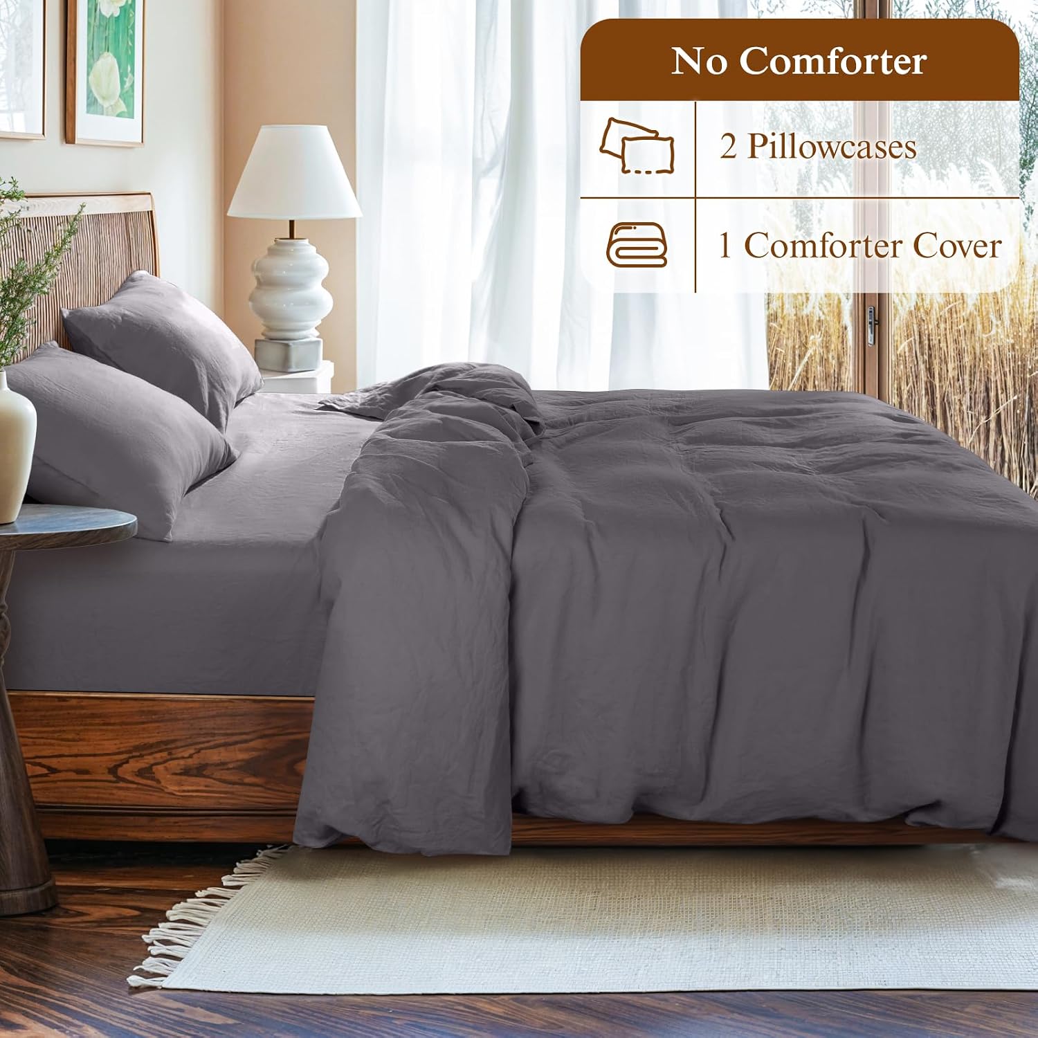 LBRO2M 100% France Linen Duvet Cover Set 3 Pcs Natural Flax Duvet Cover Set 2 Pillowcase 1 Duvet Cover with Zipper (Dark Gray Full)