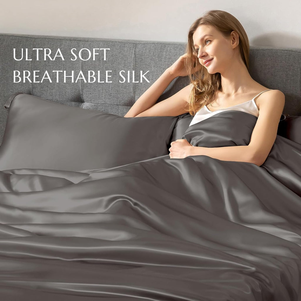 THXSILK 100% Silk Sheet Set, 7A+ Silk Sheet Set Soft Breathable, Luxury Bedding (1 Duvet Cover, 1 Fitted Sheet, 2 Pillow Shams), King, Charcoal