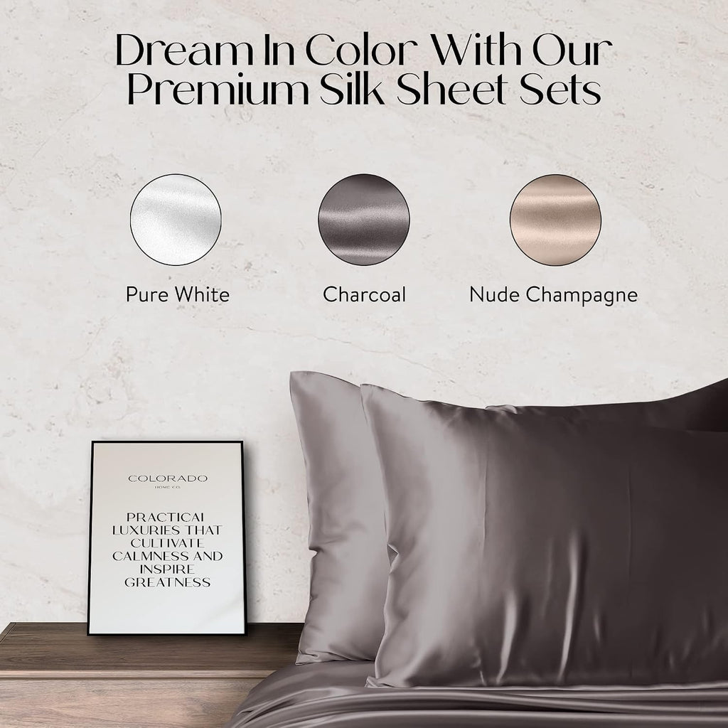 Colorado Home Co Premium LUXSILK™ | 100% Mulberry Silk Bed Sheets | Natural Silk Bedding Set | 4PC California King | | Ultra Soft & Durable | Grade 6A Organic Real Silk Sheets [Charcoal Essence]