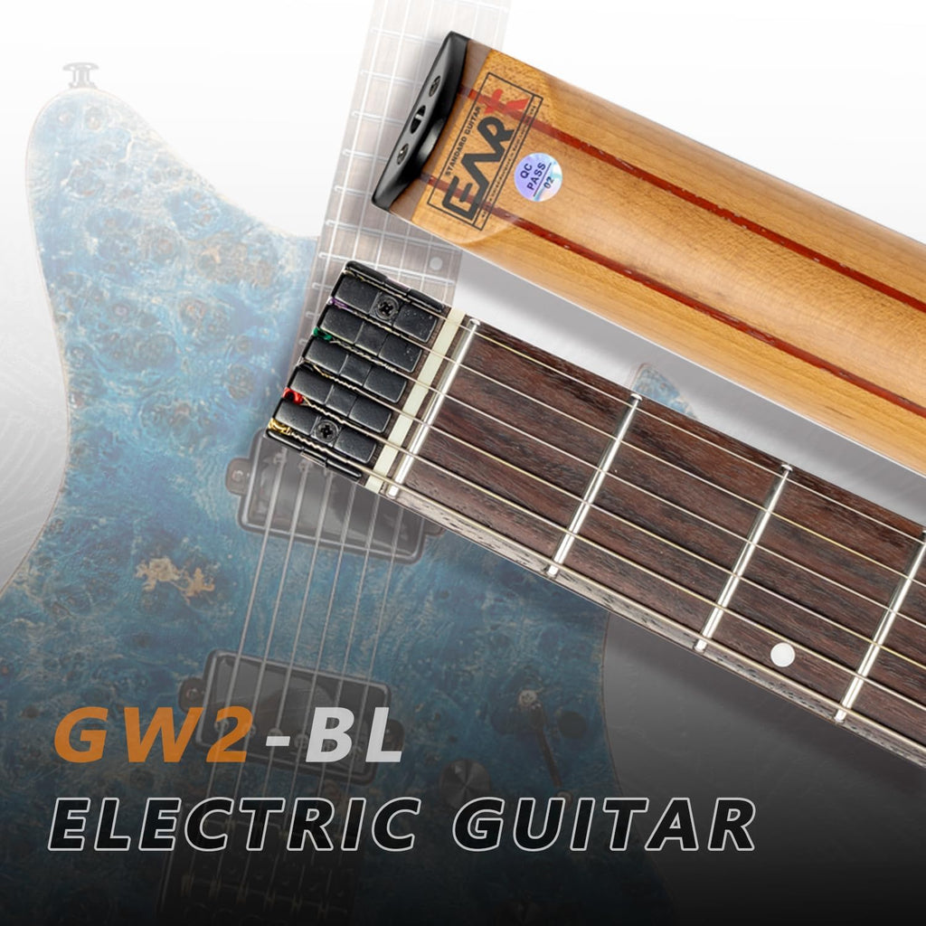 EART GW2 25.5' Headless Electric Guitar - Roasted Padauk Soild Body/5pc Maple Neck - Alnico-V Pickups, Stainless Frets
