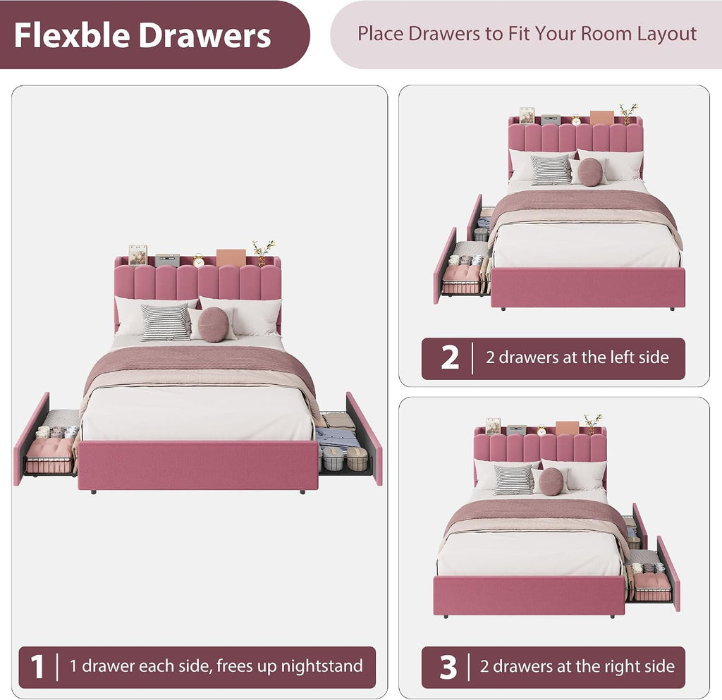 Garvee LED Full Size Bed Frame with Storage Headboard, Kids Bed Frame with 2 Drawers, Boucle Upholstered Platform Bed for Girls, Chic Wavy Headboard with Bookcase, No Box Spring Needed, Dark Pink