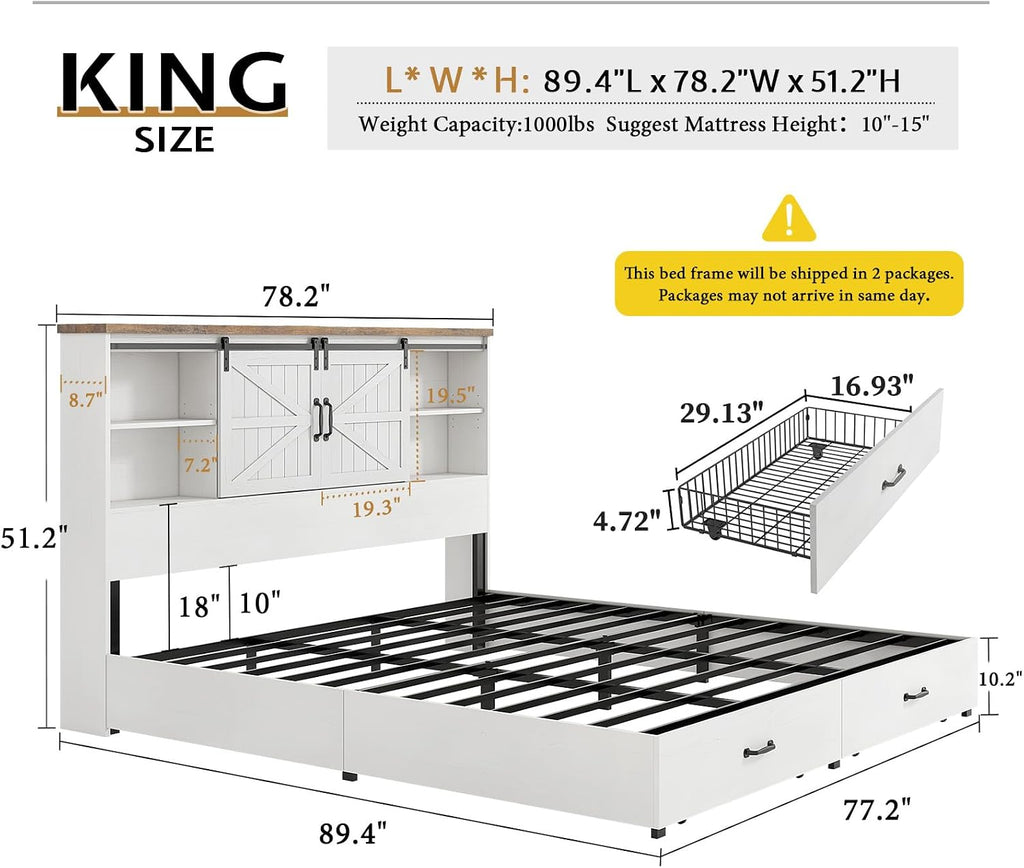 VanAcc Farmhouse King Bed Frame, Wooden Platform Storage Bed with 51.2' Bookcase Headboard, 2 Drawers, Charging Station/No Box Spring Needed/Noise Free, White