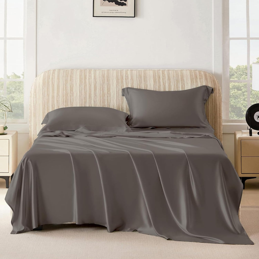 THXSILK Silk Sheet Set 4 Pcs, 25 Momme 100% Top Grade Pure Mulberry Silk Bed Sheets Luxury Bedding Sets Ultra Soft Durable, 1 Fitted Sheet, 1 Flat Sheet and 2 Pillow Shams (Full, Charcoal)