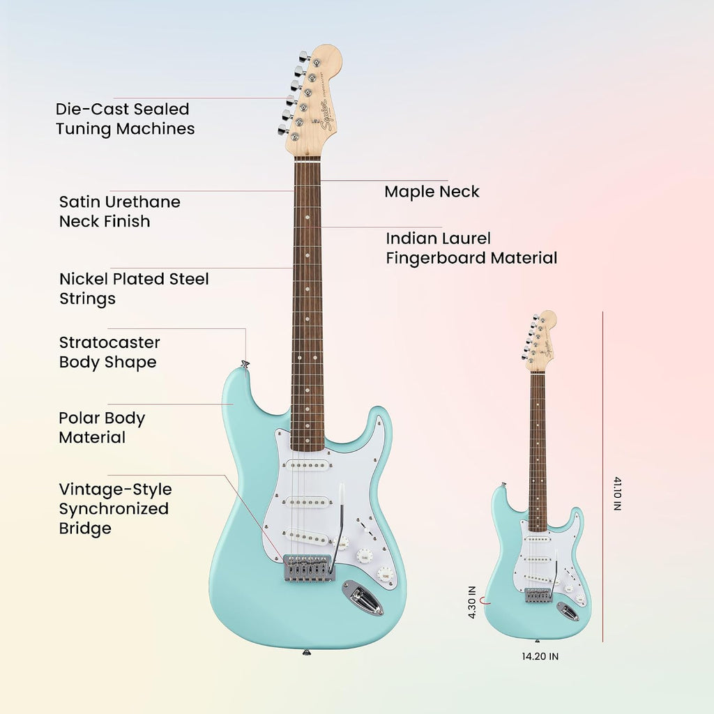 Fender Squier Stratocaster Electric Guitar - Daphne Blue Bundle with Amplifier, Gig Bag, Cable, Strap, Picks, and Austin Bazaar Instructional Video