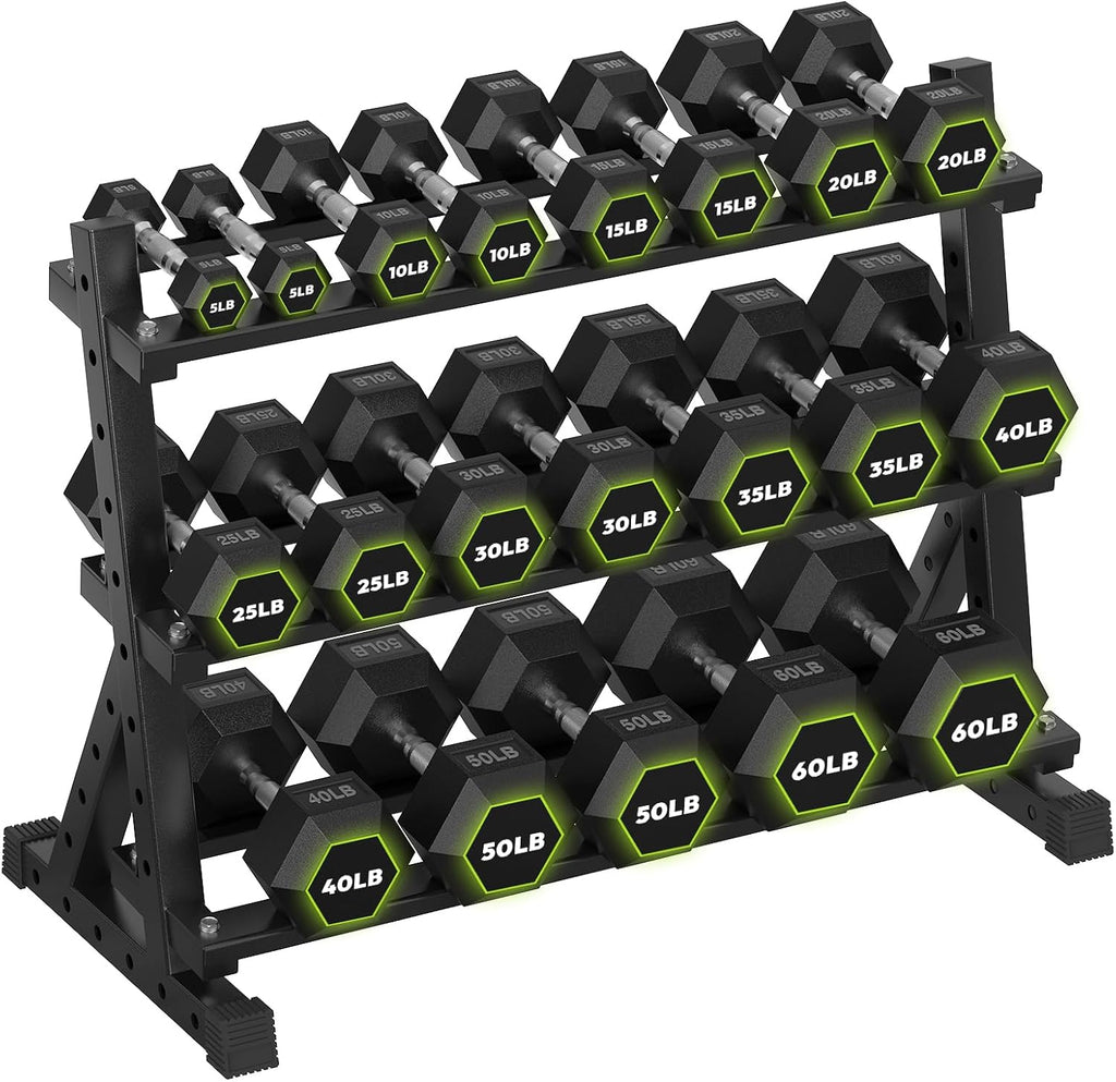 HANDBODE 3-Tier Dumbbell Rack Stand, 1000LB Capacity Storage Rack, Weight Rack for Dumbbells, Kettlebell, 390–700 lb Rubber Coated Fixed Weight Sets, Home Gym Strength Training Equipment