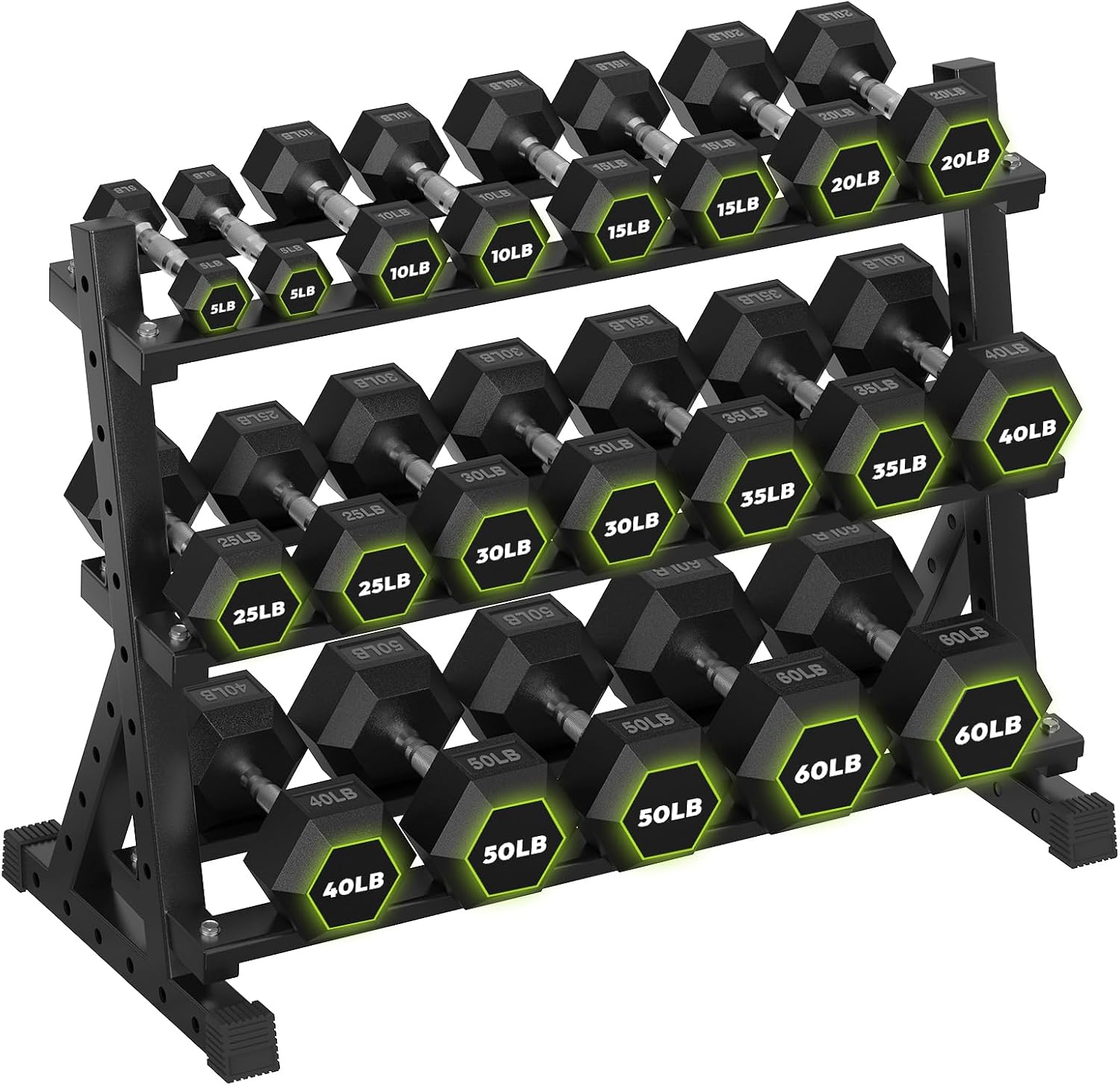 HANDBODE 3-Tier Dumbbell Rack Stand, 1000LB Capacity Storage Rack, Weight Rack for Dumbbells, Kettlebell, 390–700 lb Rubber Coated Fixed Weight Sets, Home Gym Strength Training Equipment