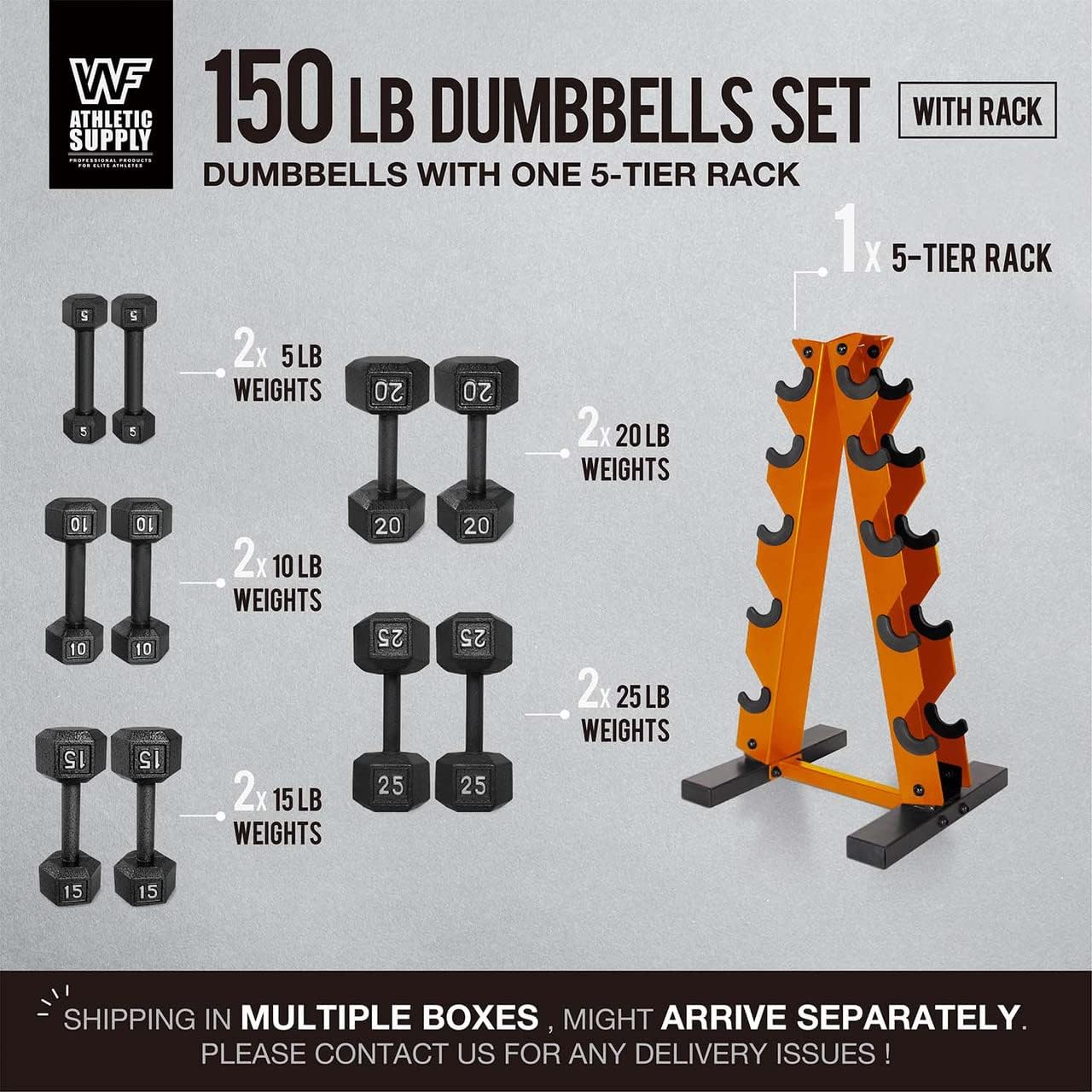 WF Athletic Supply 5-25 Lb Cast Iron Dumbbells Set with A Frame Storage Rack, Solid Gray/Black Hexagon Free Weights for Weight Lifting & Strength Training, Storage Rack Color Options Available