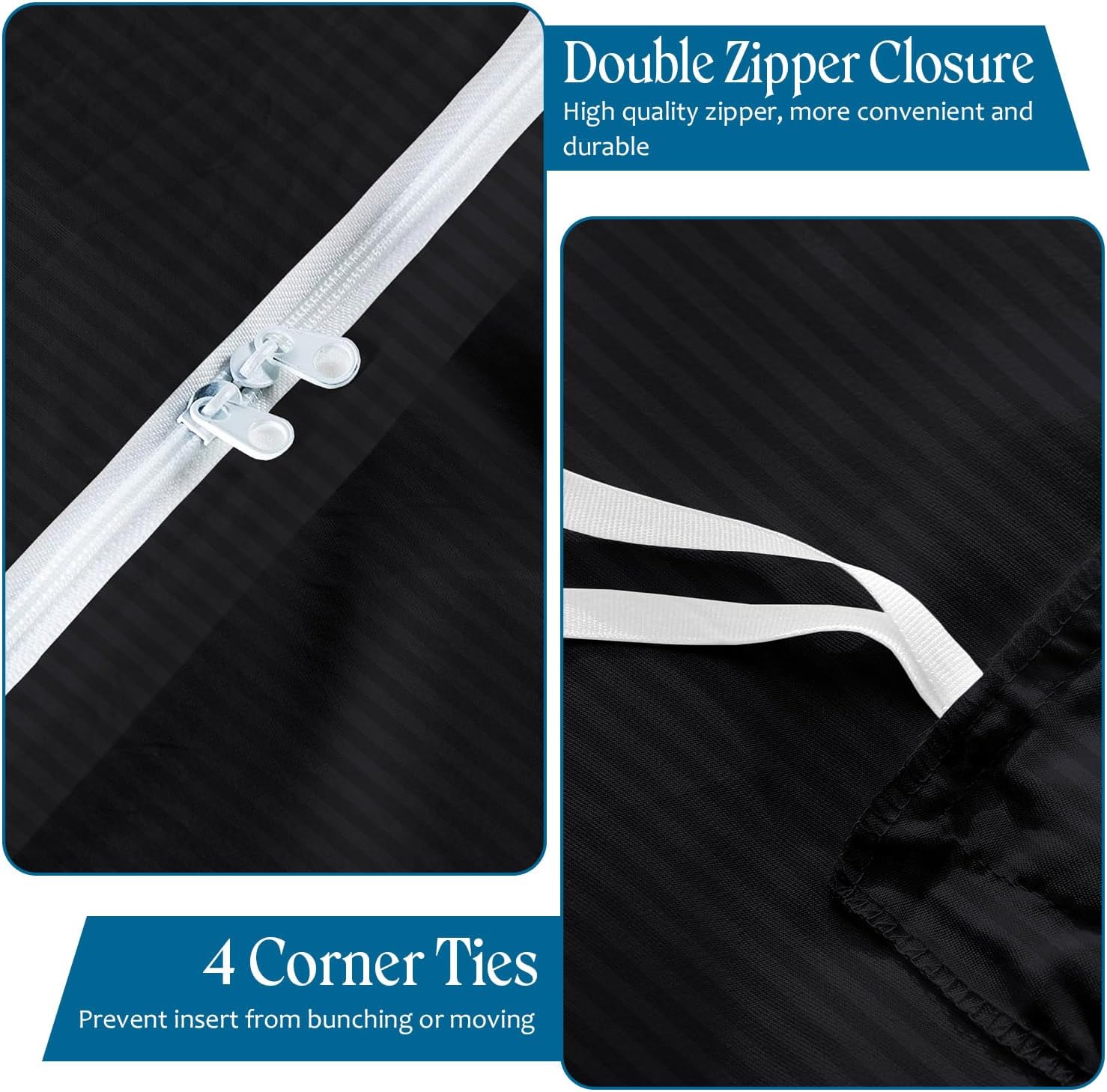 800TC 3 Sided Zipper Duvet Cover Set Soft Egyptian Cotton 3 Sided Zipper Closure, 3 PCS 1-Duvet Cover & 2- Pillow Shams - King-XL Size (98' x 116') Inches, (Black Stripe)